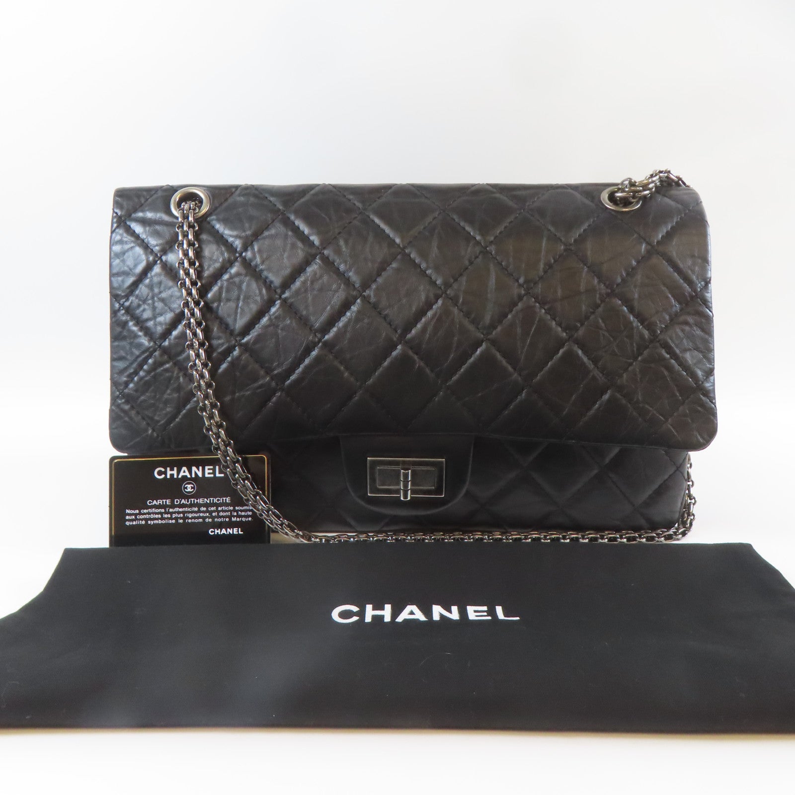 CHANEL 【清倉大減價】菱格牛皮皮革2.55 Chain Shoulder銀扣鏈帶肩背袋黑色