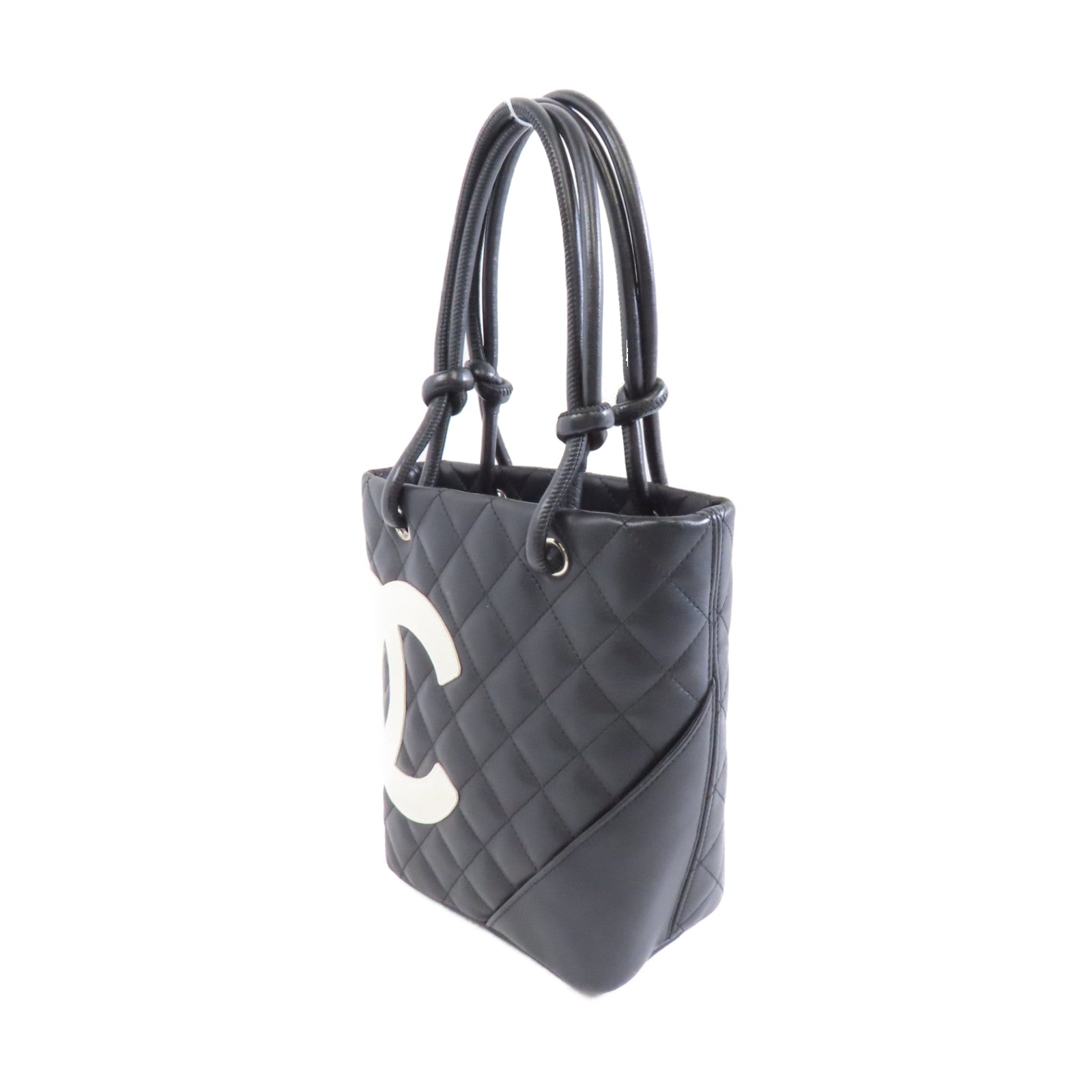 CHANEL 菱格牛皮皮革Cambon Bucket銀扣手挽袋黑色