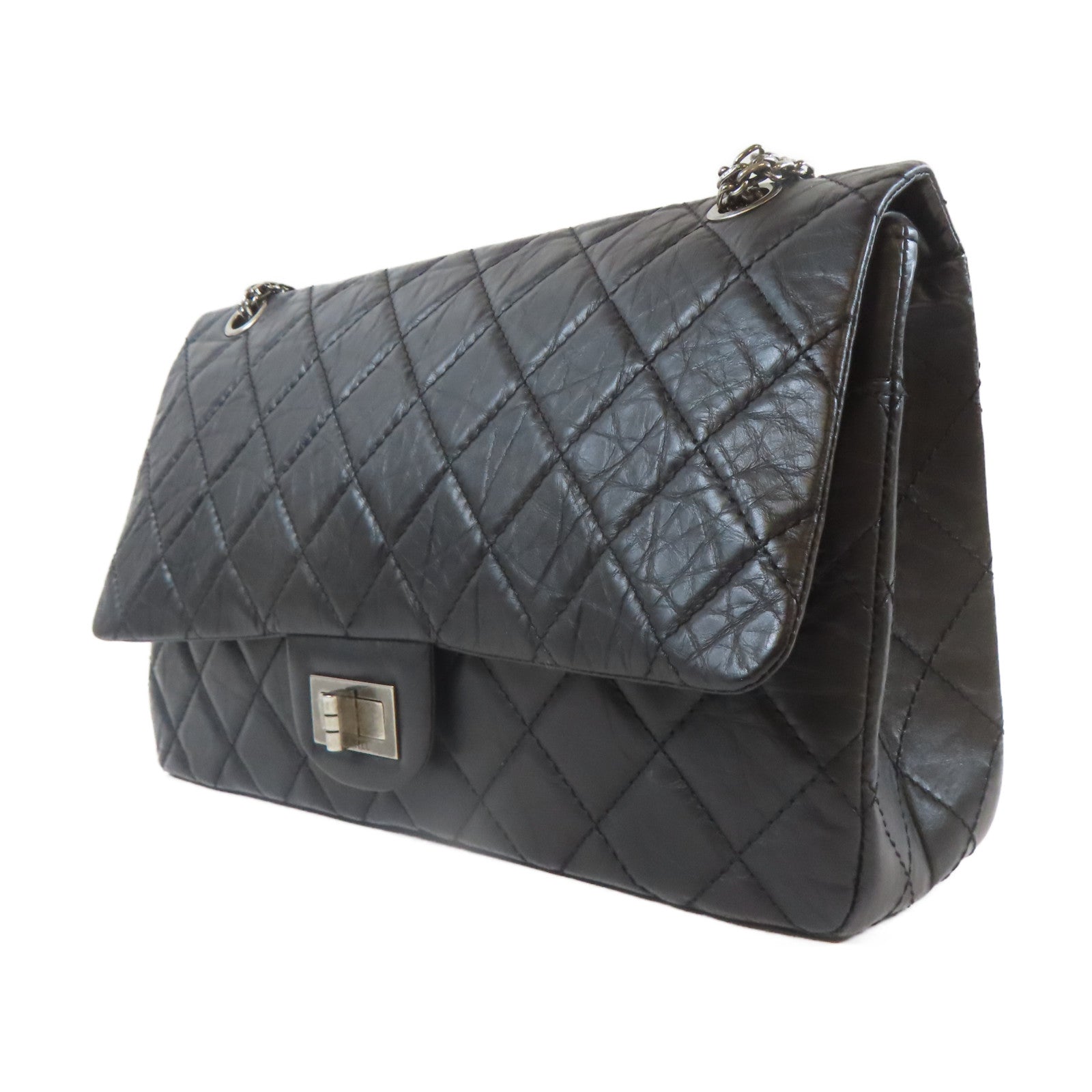 CHANEL 【清倉大減價】菱格牛皮皮革2.55 Chain Shoulder銀扣鏈帶肩背袋黑色