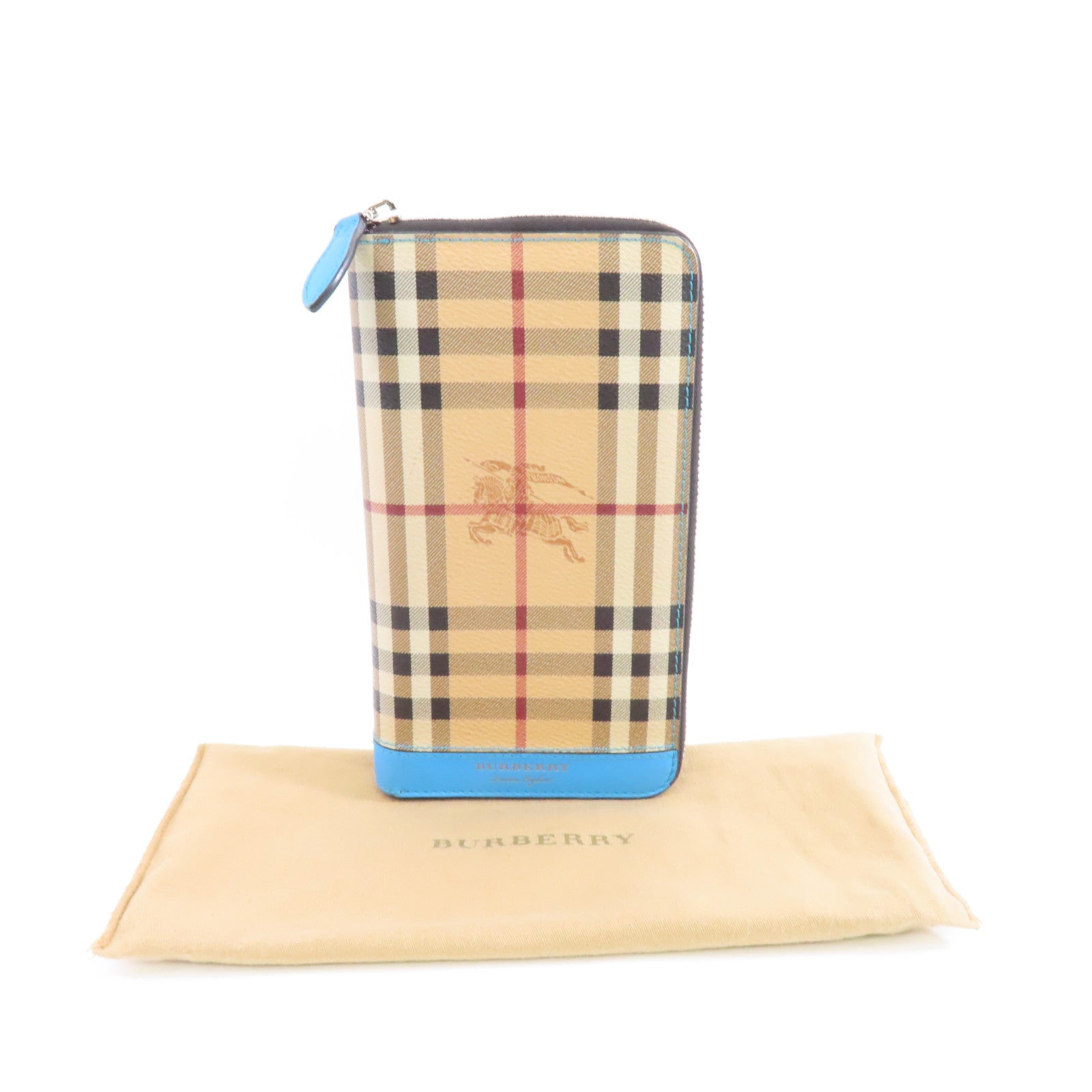 BURBERRY 塗層帆布Zipped Long Wallet銀扣長錢包米色/淺藍色