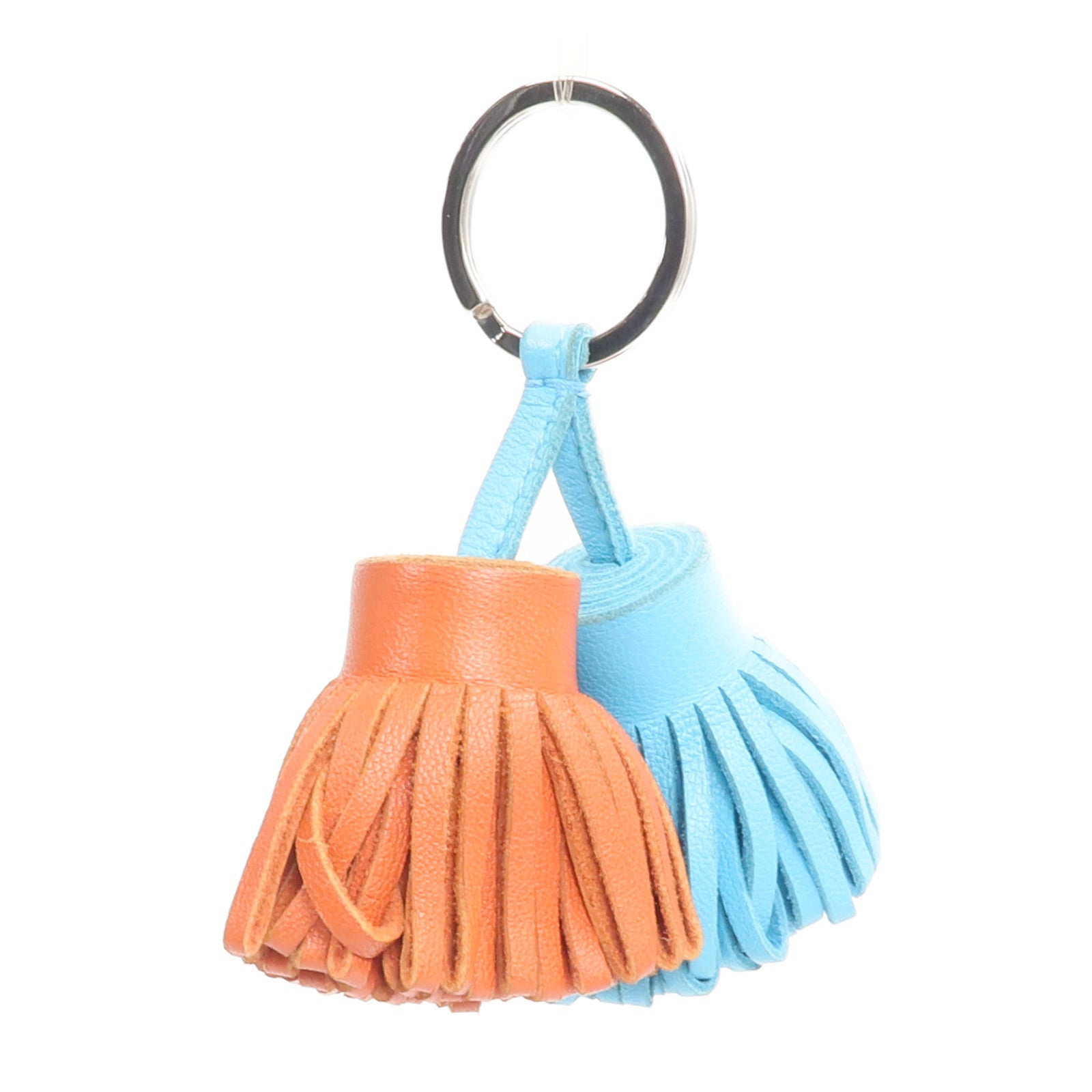 HERMES Milo皮革Carmen Uno-Dos Key Ring掛飾Orange Poppy/Bleu Azteque