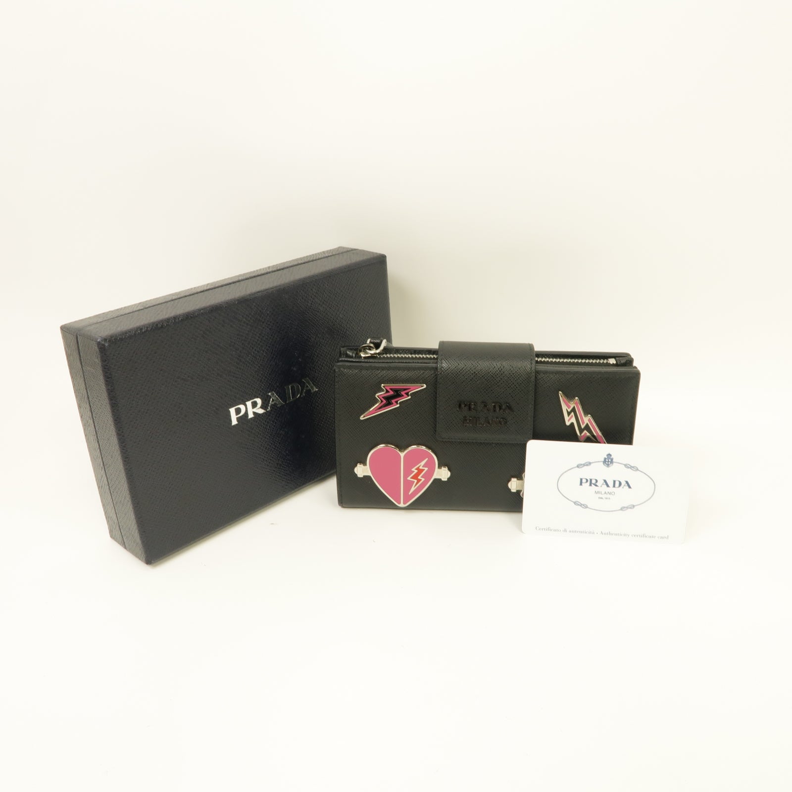PRADA 牛皮皮革Medium Wallet銀扣錢包黑色/粉紅色