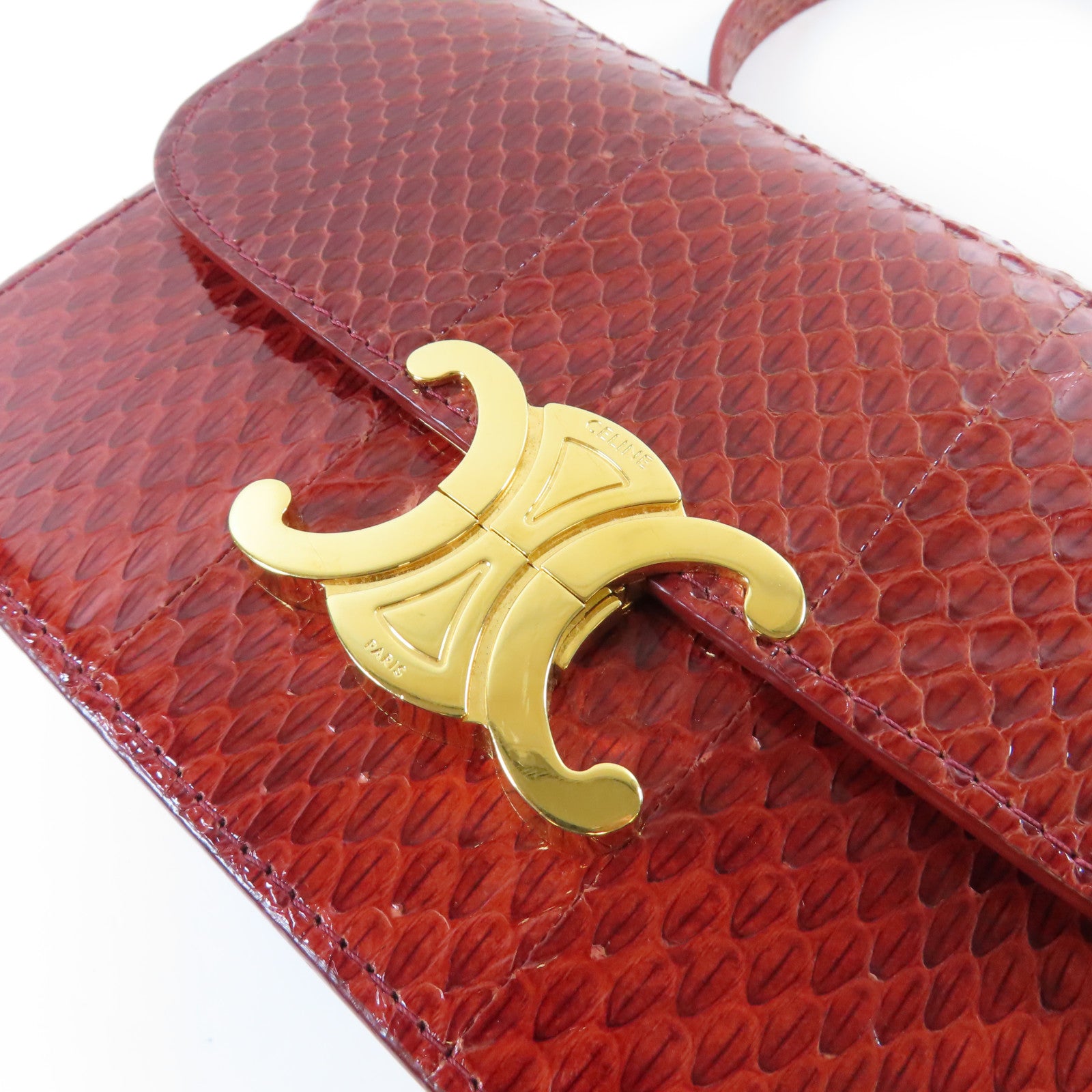 CELINE 蛇皮皮革Triomphe Shoulder Bag金扣肩背袋紅色