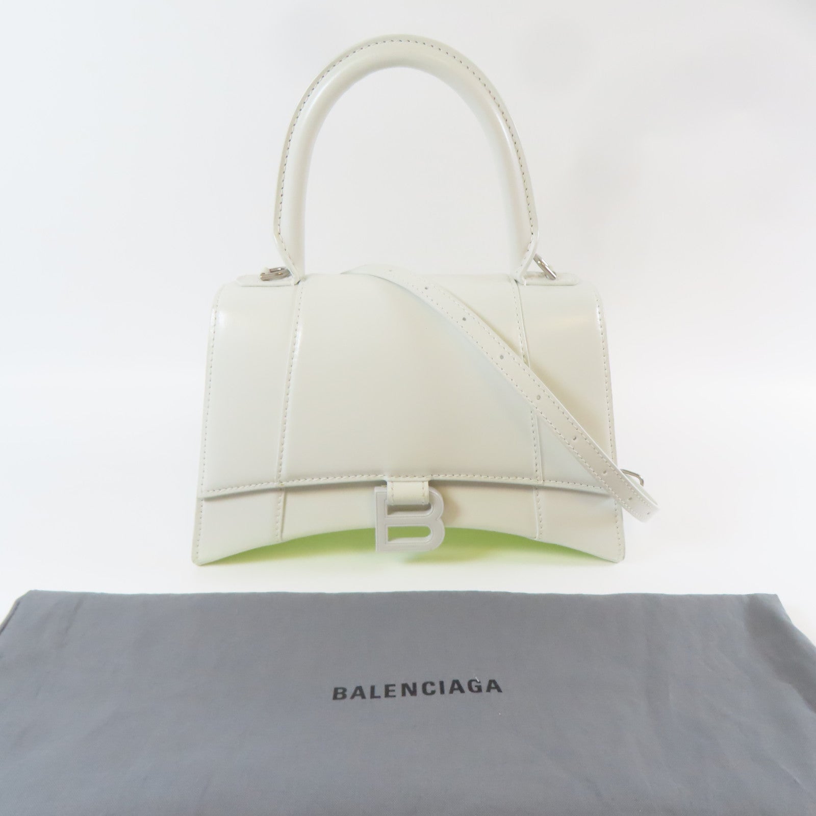 BALENCIAGA 牛皮皮革Hourglass銀扣手挽肩背兩用袋白色