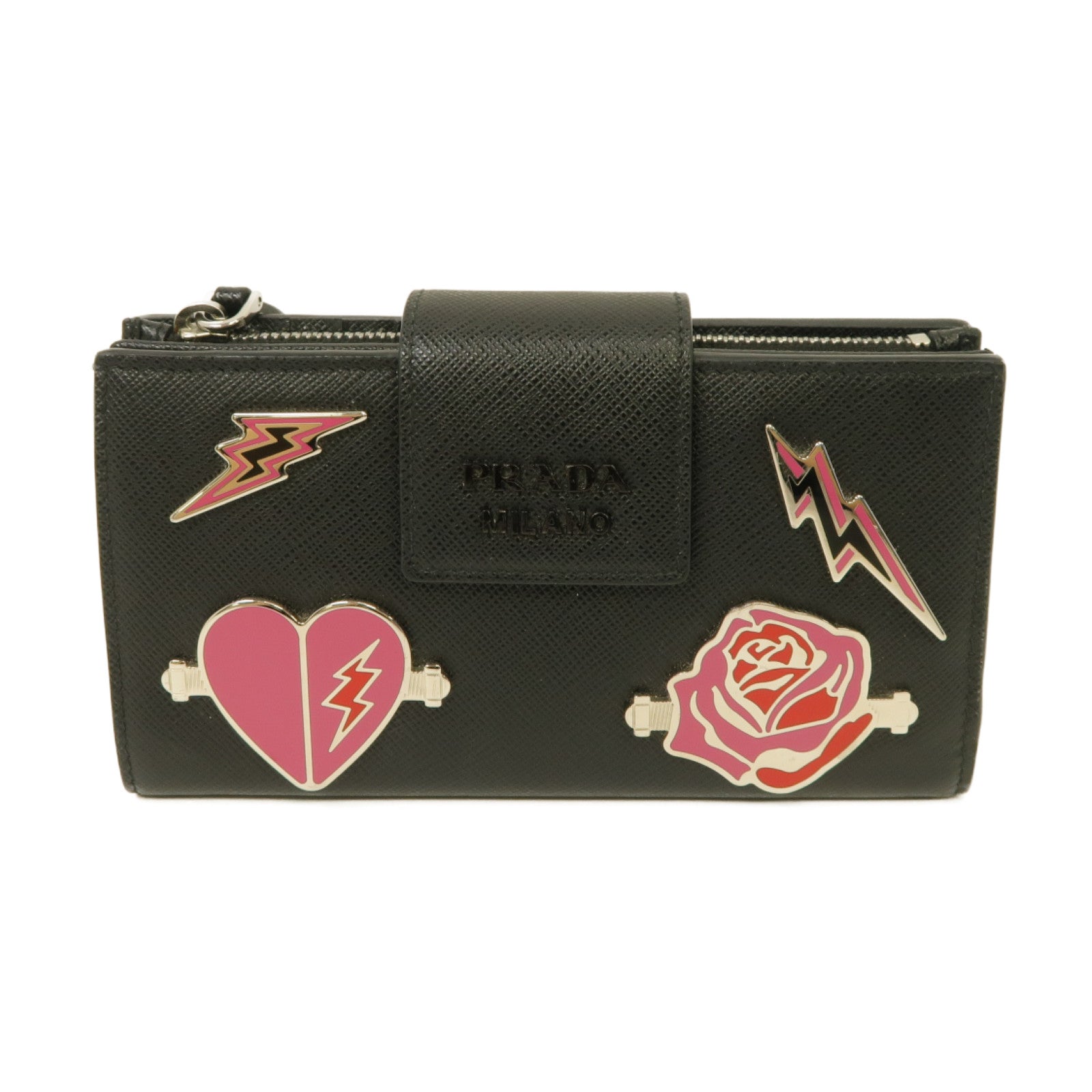 PRADA 牛皮皮革Medium Wallet銀扣錢包黑色/粉紅色