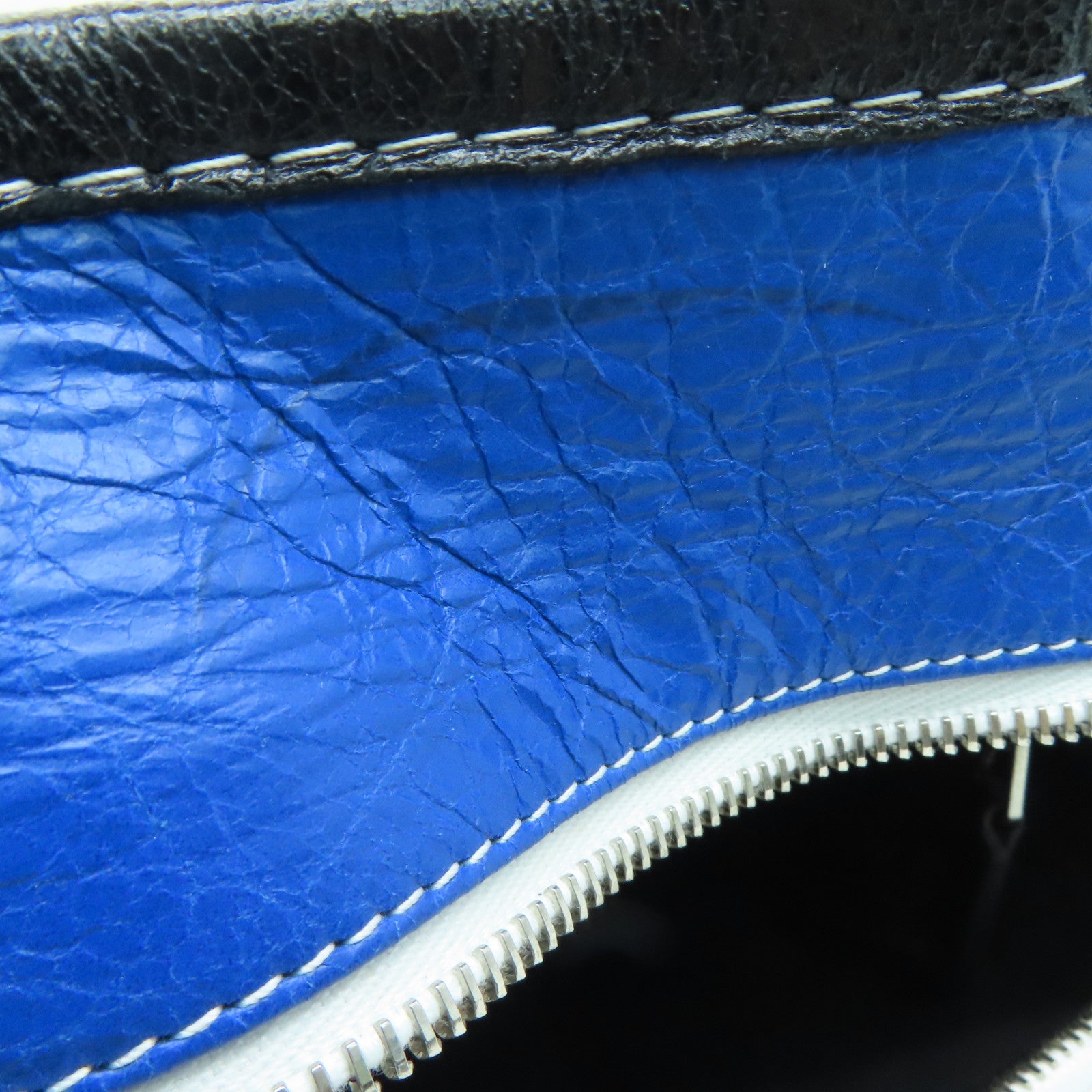 BALENCIAGA Sheepskin Leather Bazar Shopper XS Fringes Silver Buckle Handle Shoulder Bag Blue/White/Black