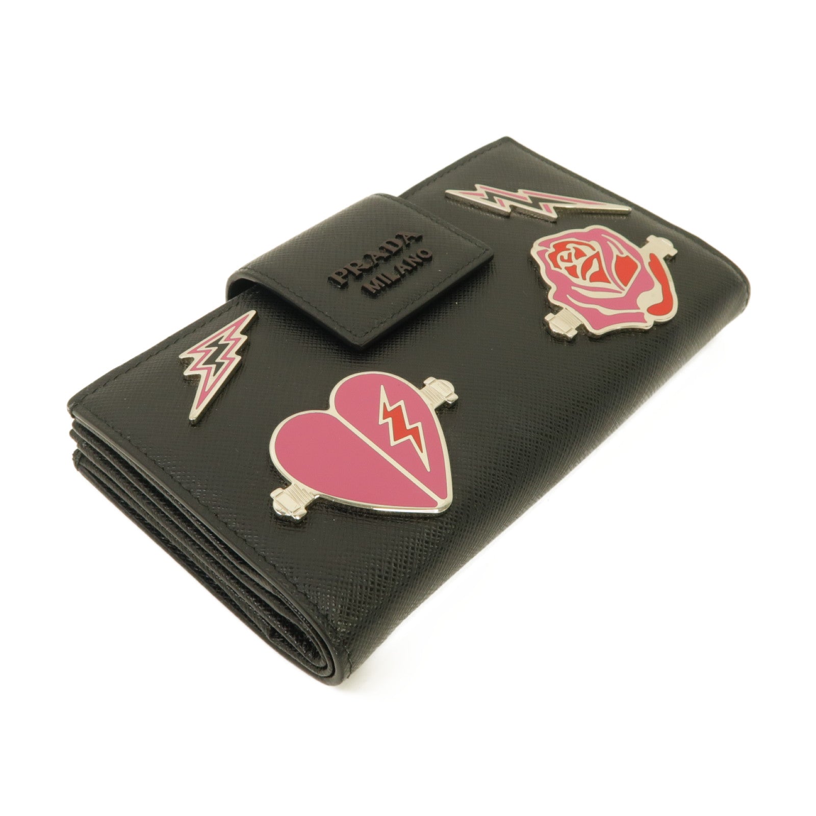 PRADA 牛皮皮革Medium Wallet銀扣錢包黑色/粉紅色