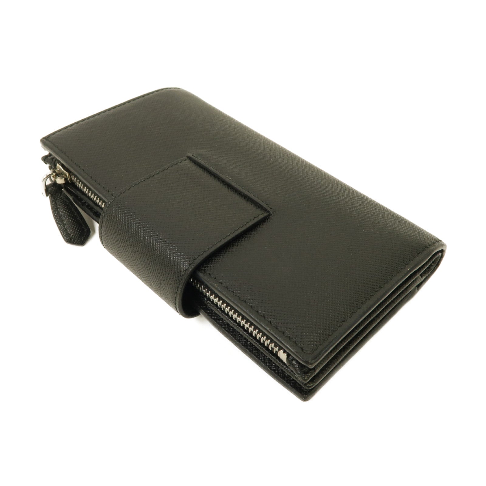 PRADA 牛皮皮革Medium Wallet銀扣錢包黑色/粉紅色