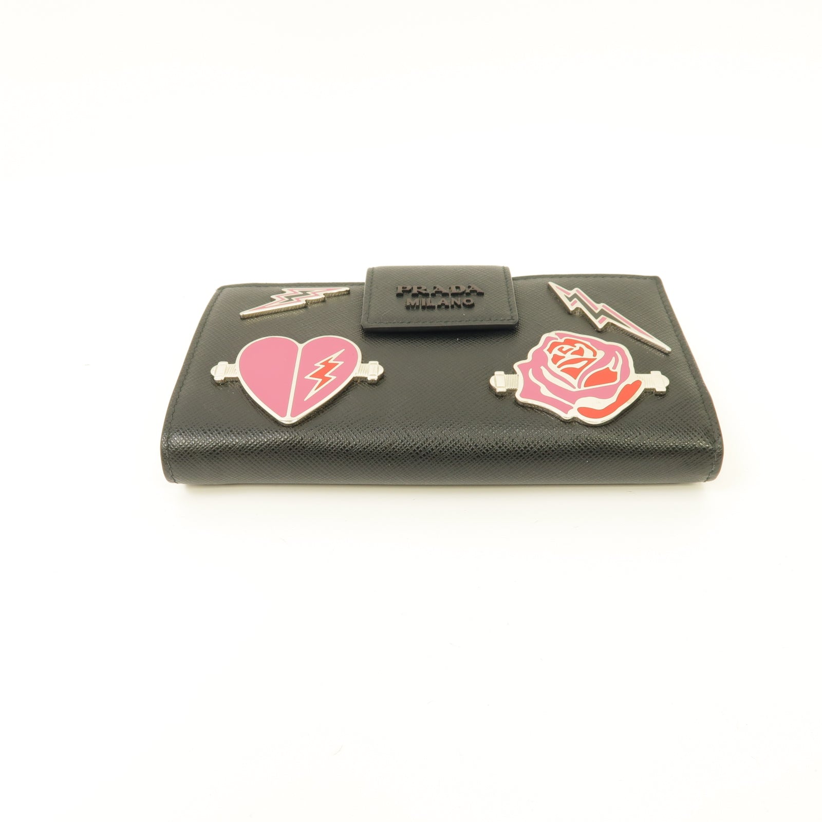 PRADA 牛皮皮革Medium Wallet銀扣錢包黑色/粉紅色