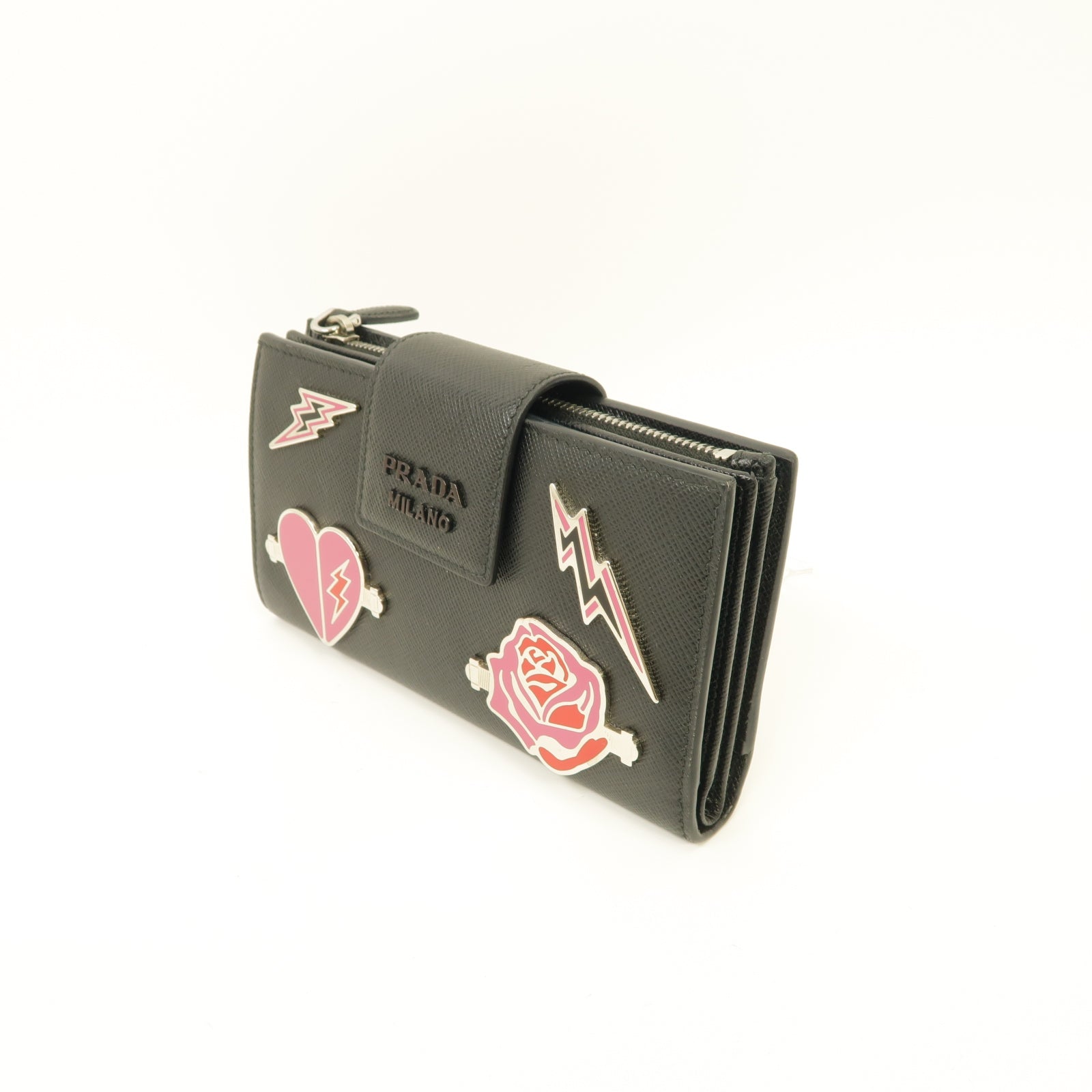 PRADA 牛皮皮革Medium Wallet銀扣錢包黑色/粉紅色