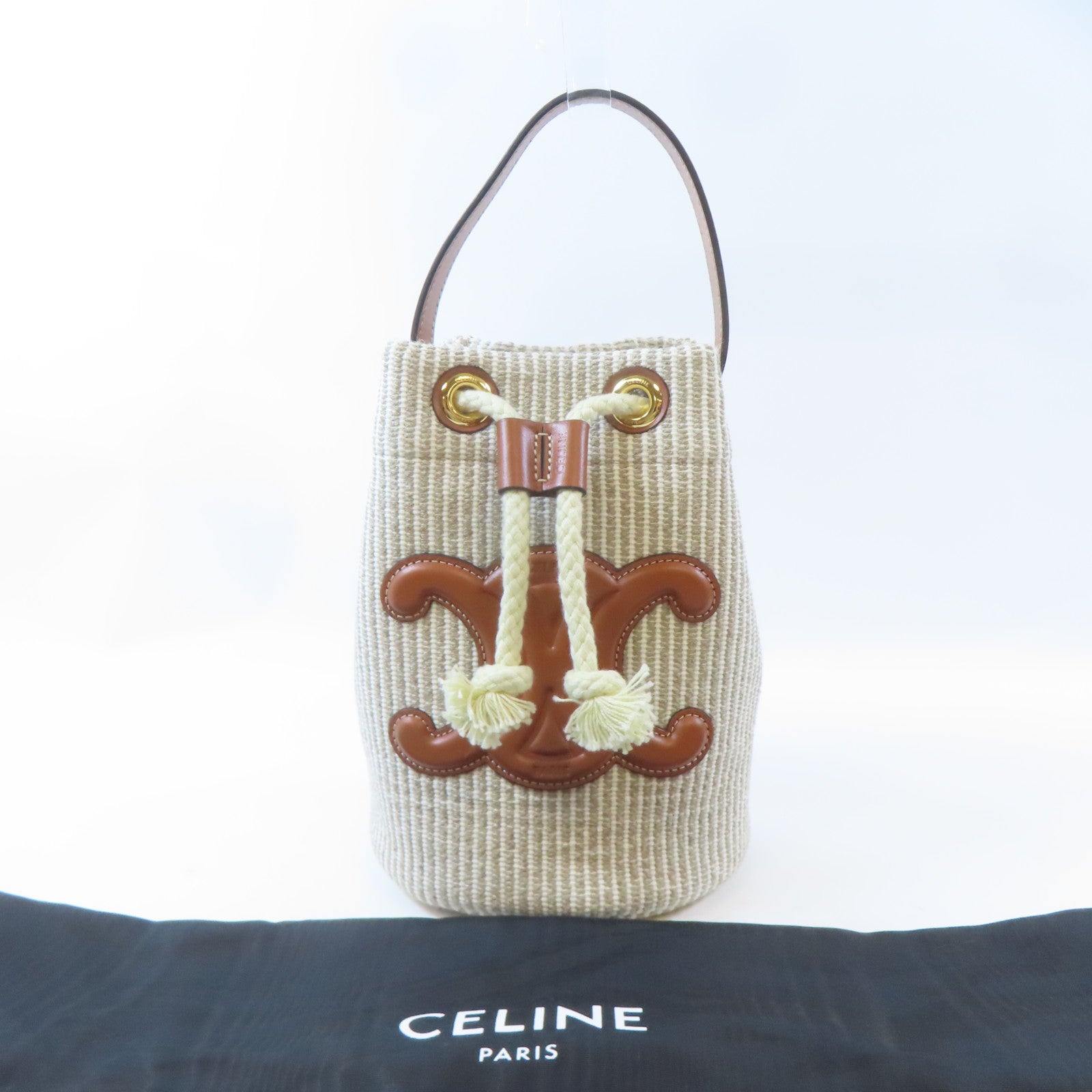 CELINE 帆布/皮革Teen Drawstring Handbag金扣手挽袋米色/淺褐色