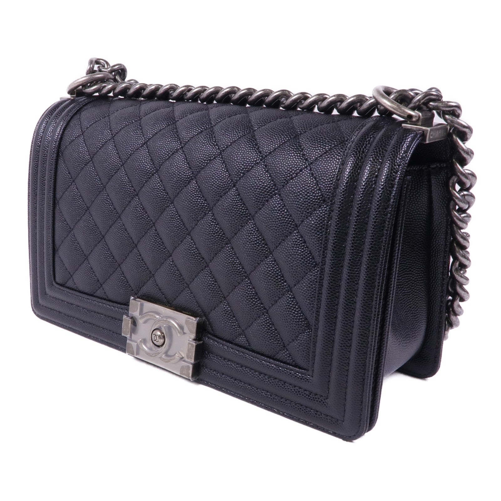 CHANEL 牛皮皮革Boy 25銀扣鏈帶肩背袋