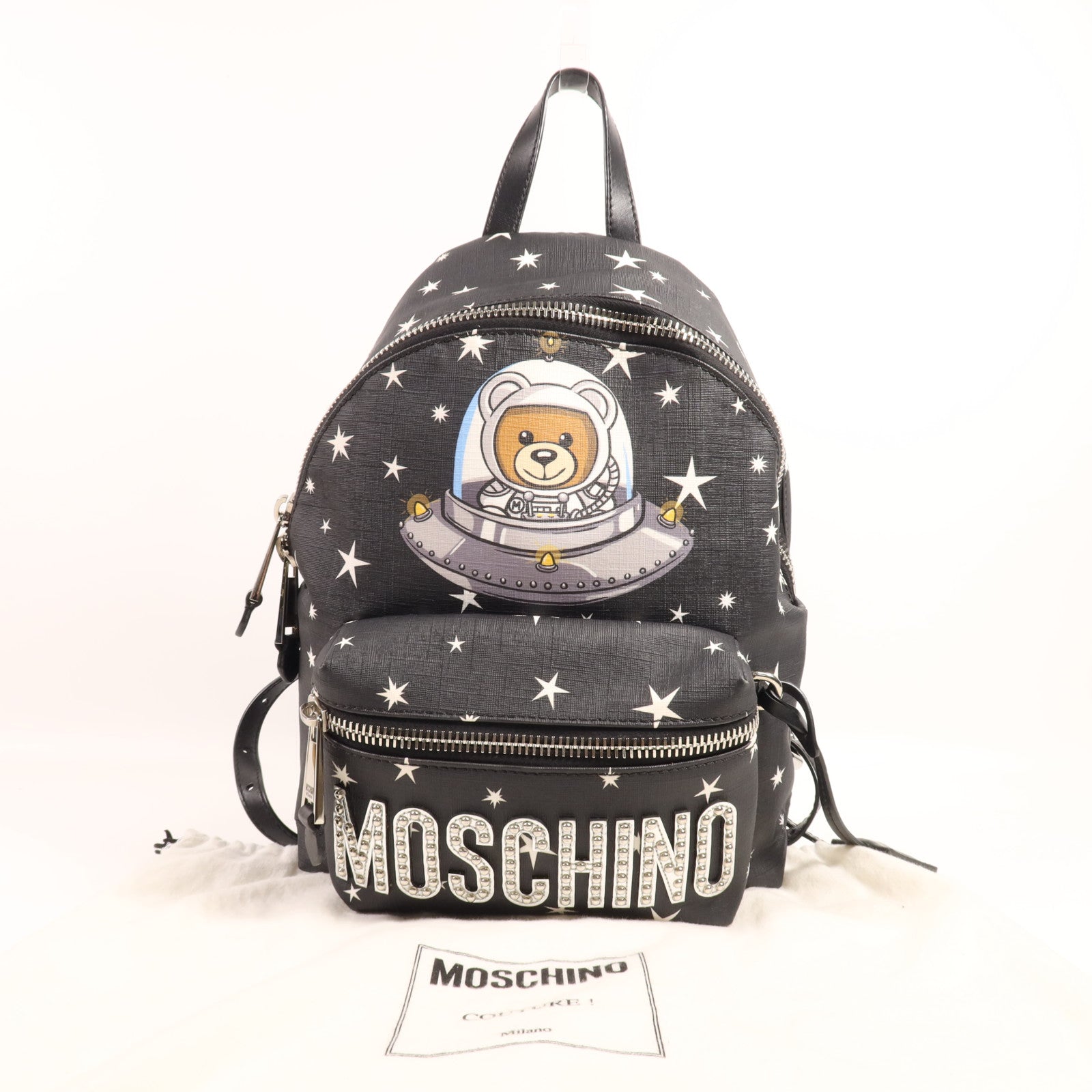 MOSCHINO 塗層帆布Backpack銀扣背包