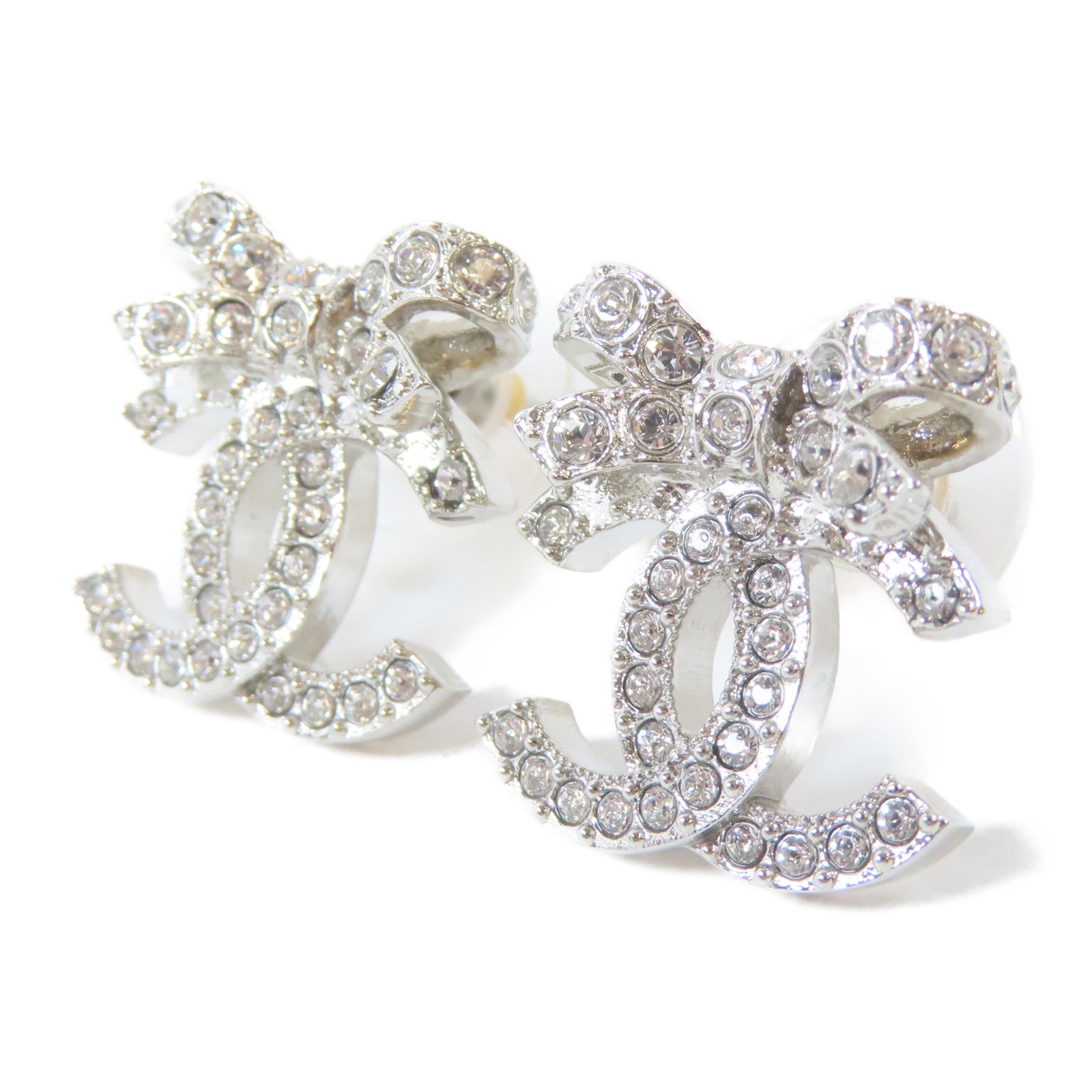 CHANEL 金屬/水晶Pierced Earrings耳環銀色