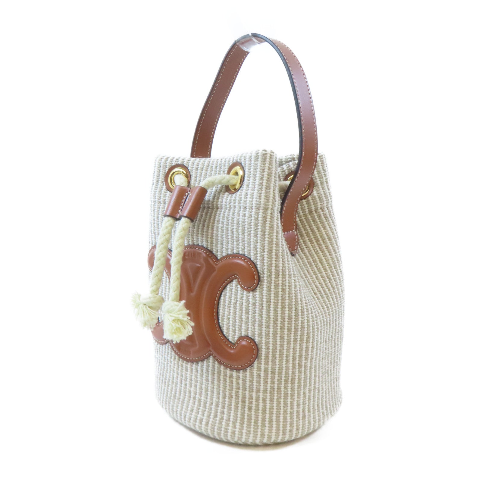 CELINE 帆布/皮革Teen Drawstring Handbag金扣手挽袋米色/淺褐色