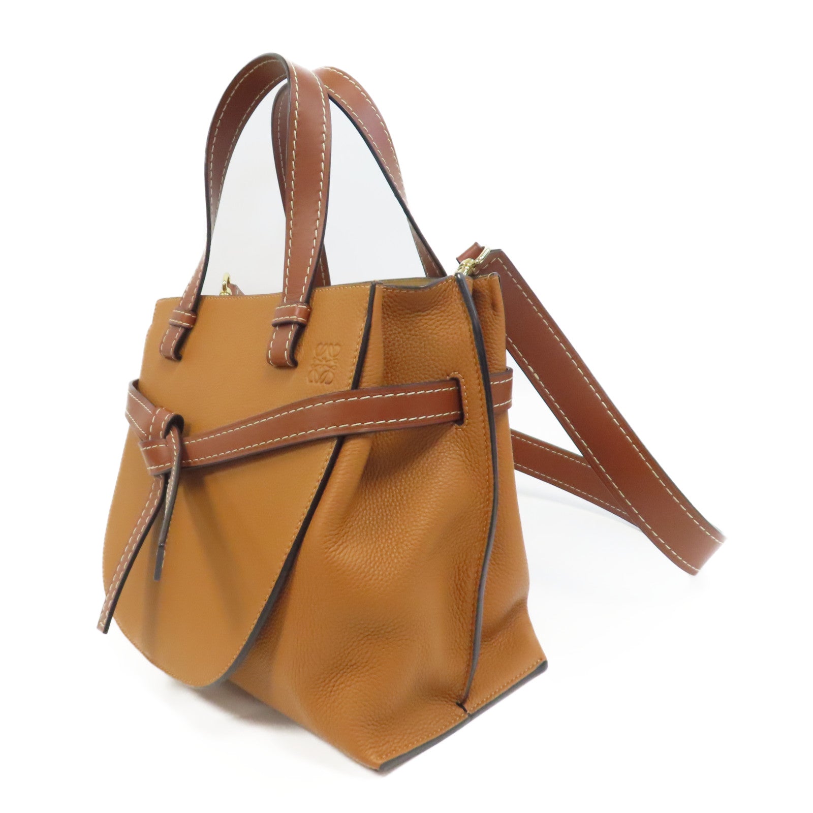 LOEWE 牛皮皮革Gate Top Handle金扣手挽肩背兩用袋啡色