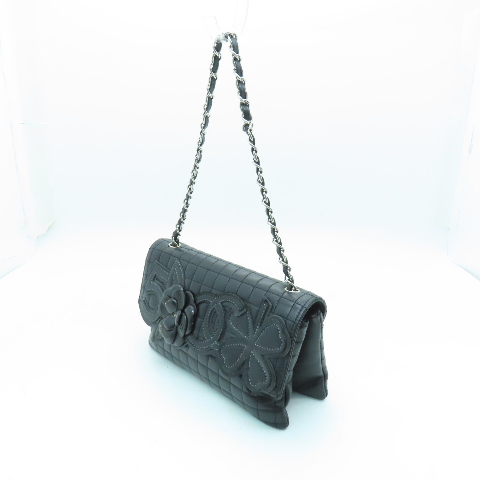 CHANEL 【清倉大減價】牛皮皮革Chain Shoulder Bag銀扣鏈帶肩背袋黑色