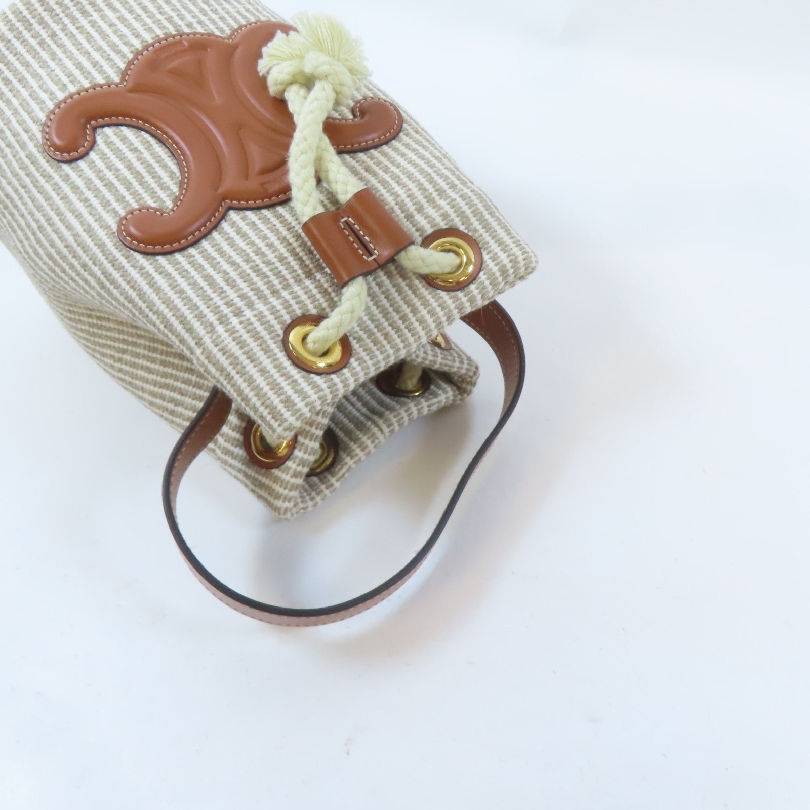 CELINE 帆布/皮革Teen Drawstring Handbag金扣手挽袋米色/淺褐色