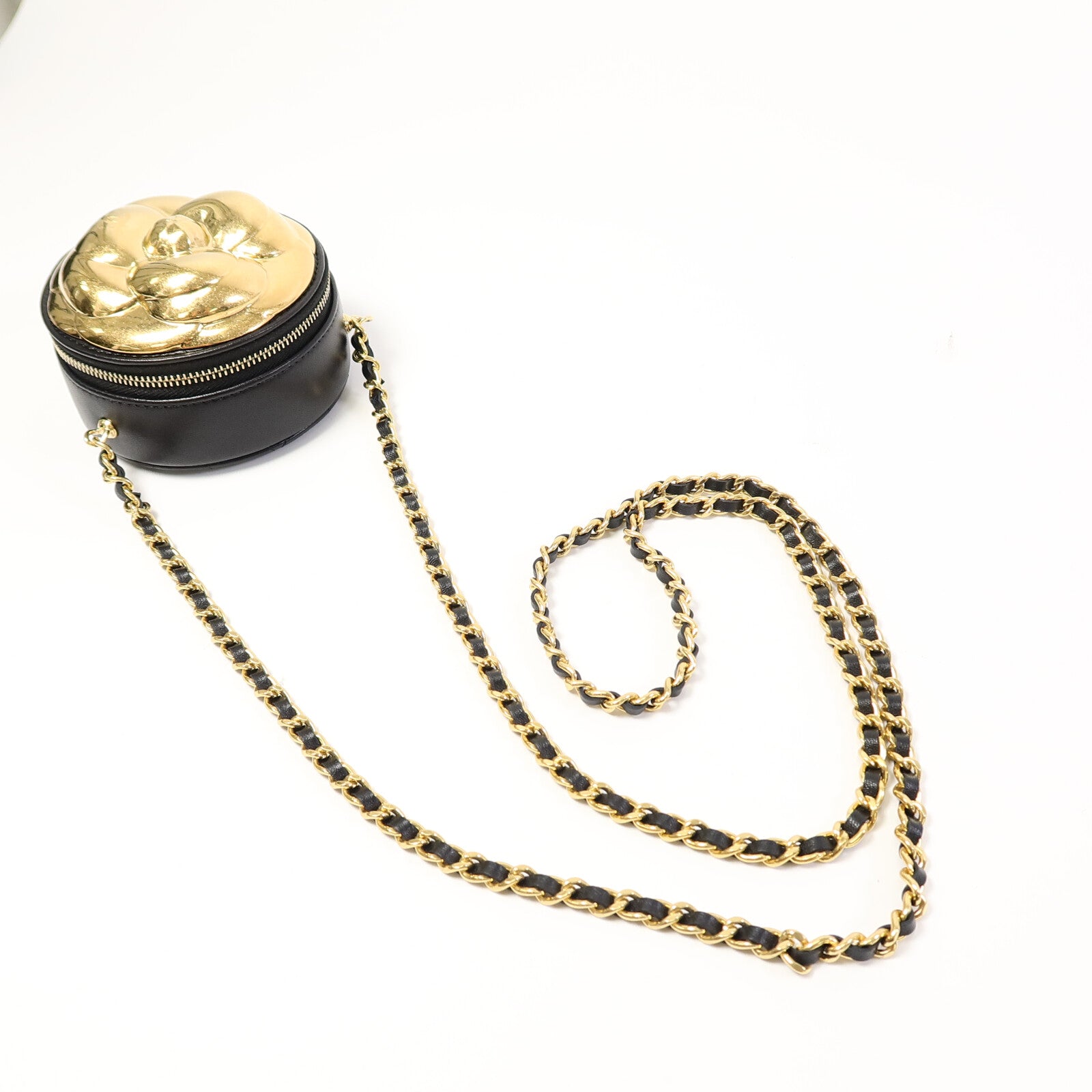 CHANEL 羊皮皮革Gold Camellia Bag鏈帶肩背袋