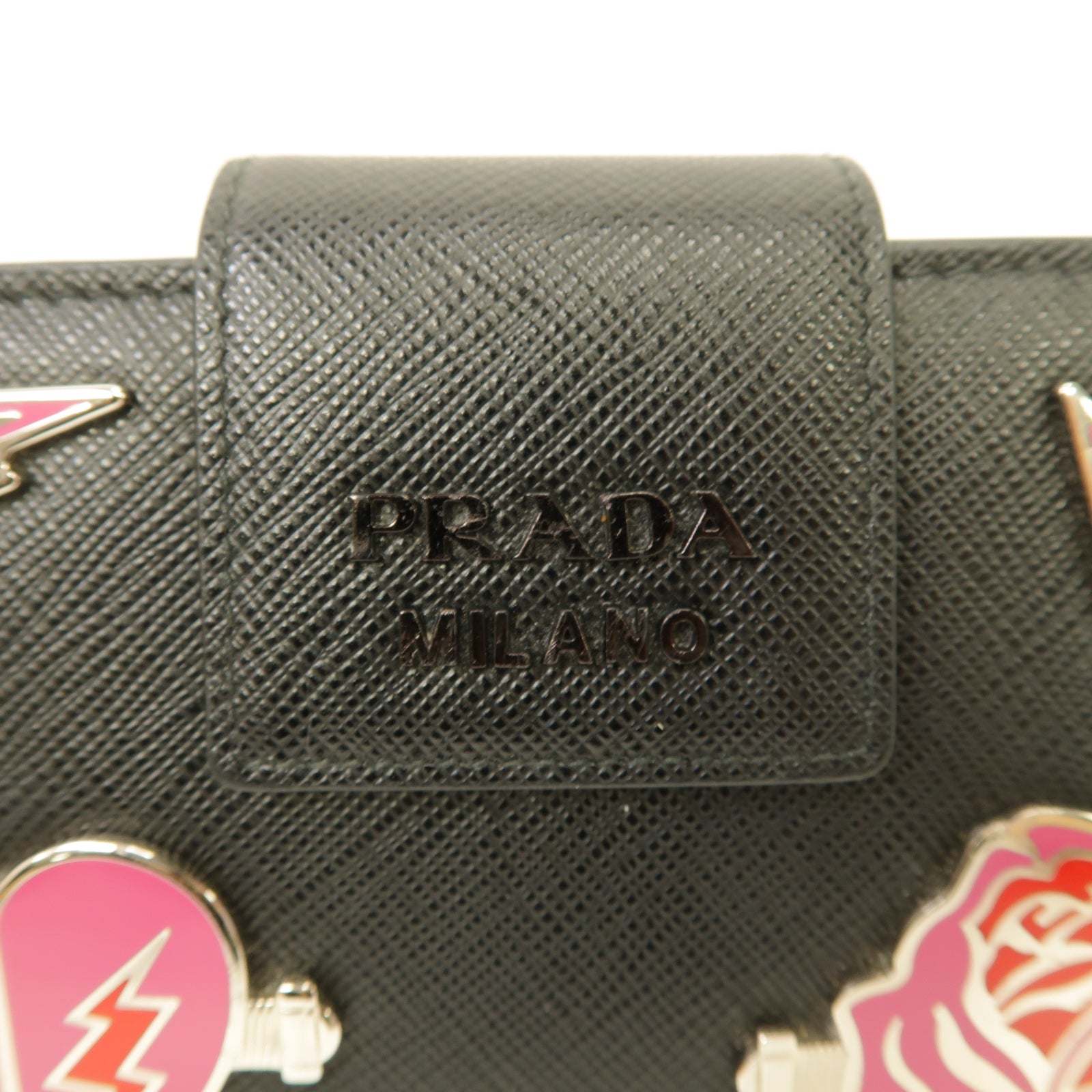 PRADA 牛皮皮革Medium Wallet銀扣錢包黑色/粉紅色