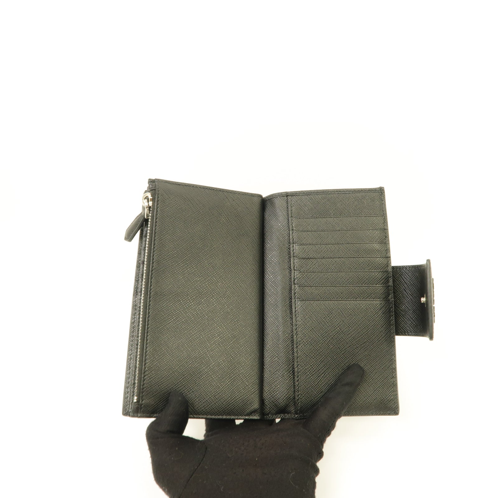 PRADA 牛皮皮革Medium Wallet銀扣錢包黑色/粉紅色