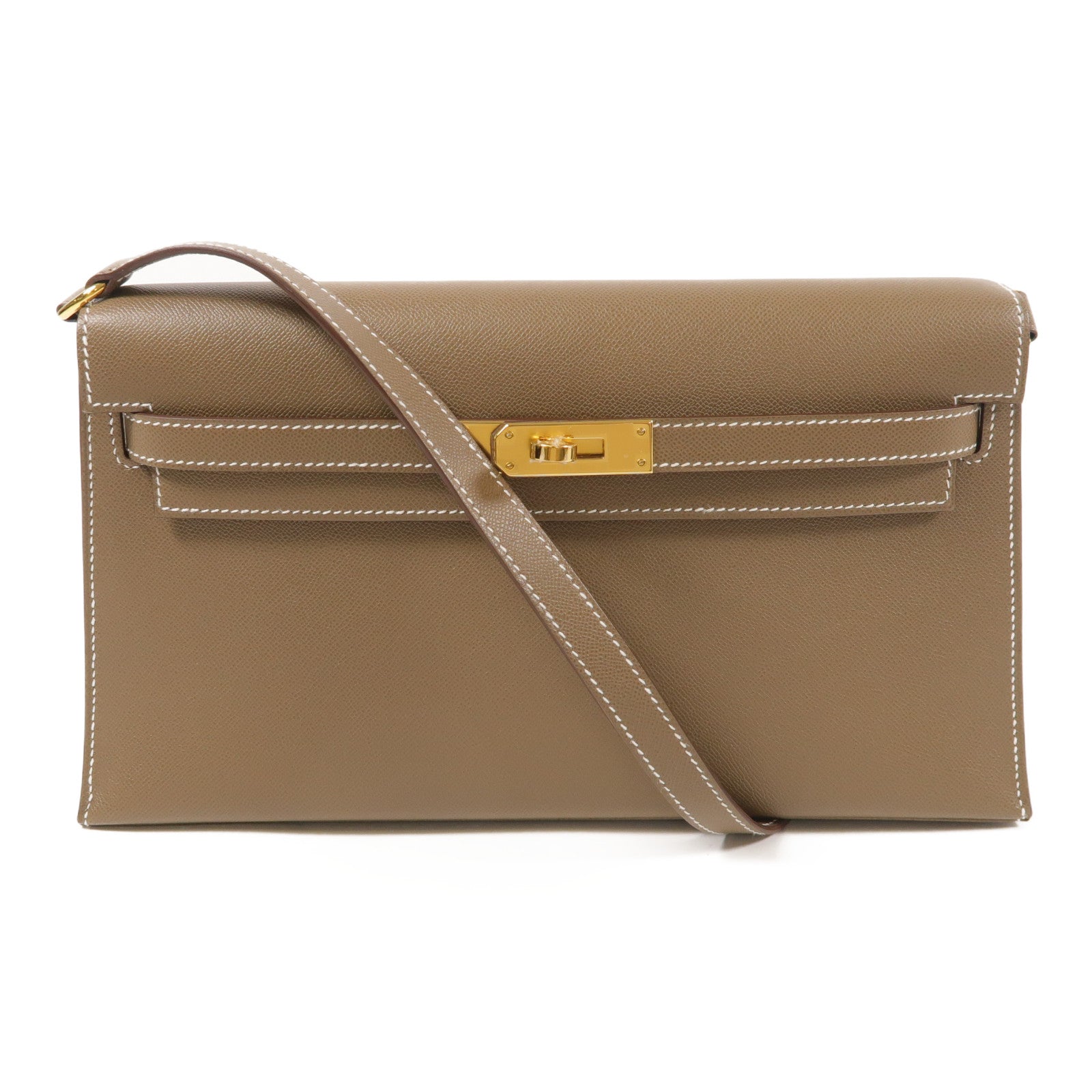 HERMES Veau Madame皮革Kelly Elan金扣肩背袋Etoupe