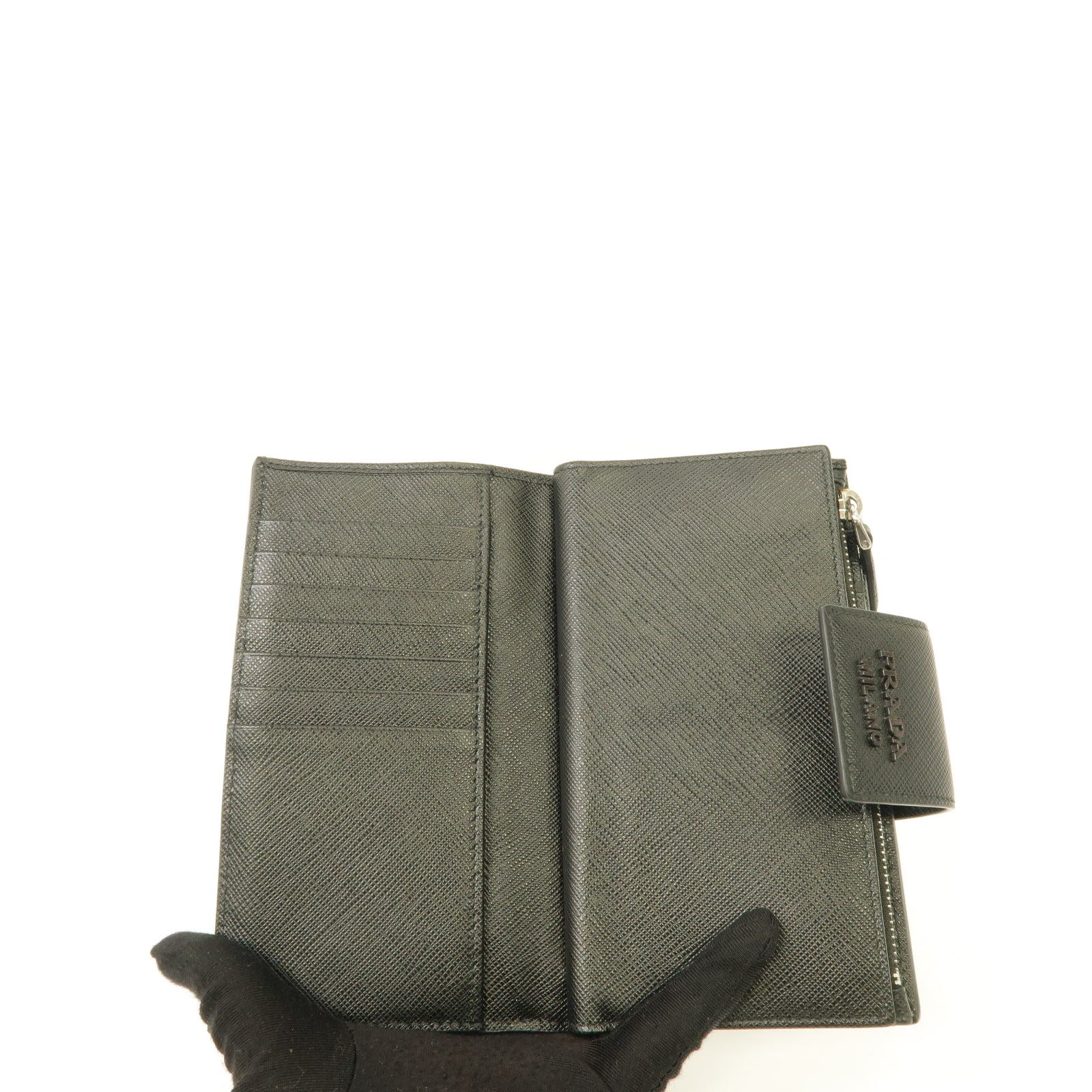 PRADA 牛皮皮革Medium Wallet銀扣錢包黑色/粉紅色