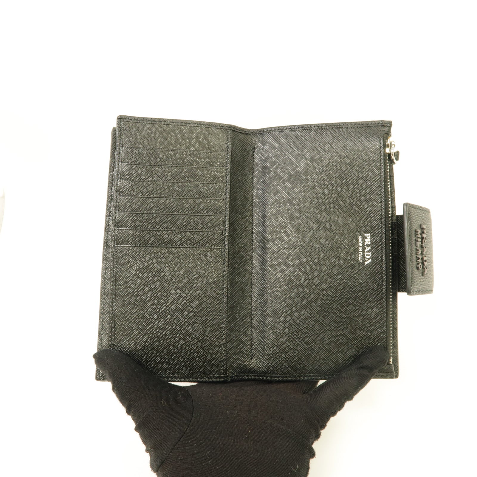 PRADA 牛皮皮革Medium Wallet銀扣錢包黑色/粉紅色