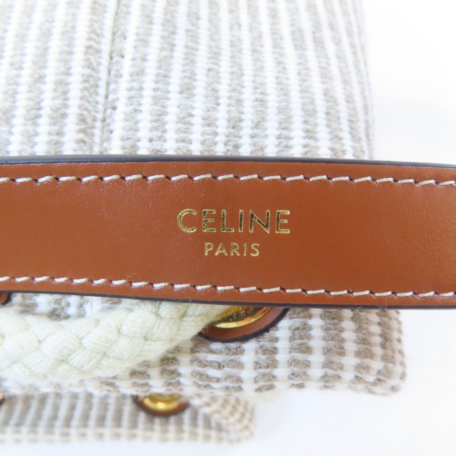 CELINE 帆布/皮革Teen Drawstring Handbag金扣手挽袋米色/淺褐色
