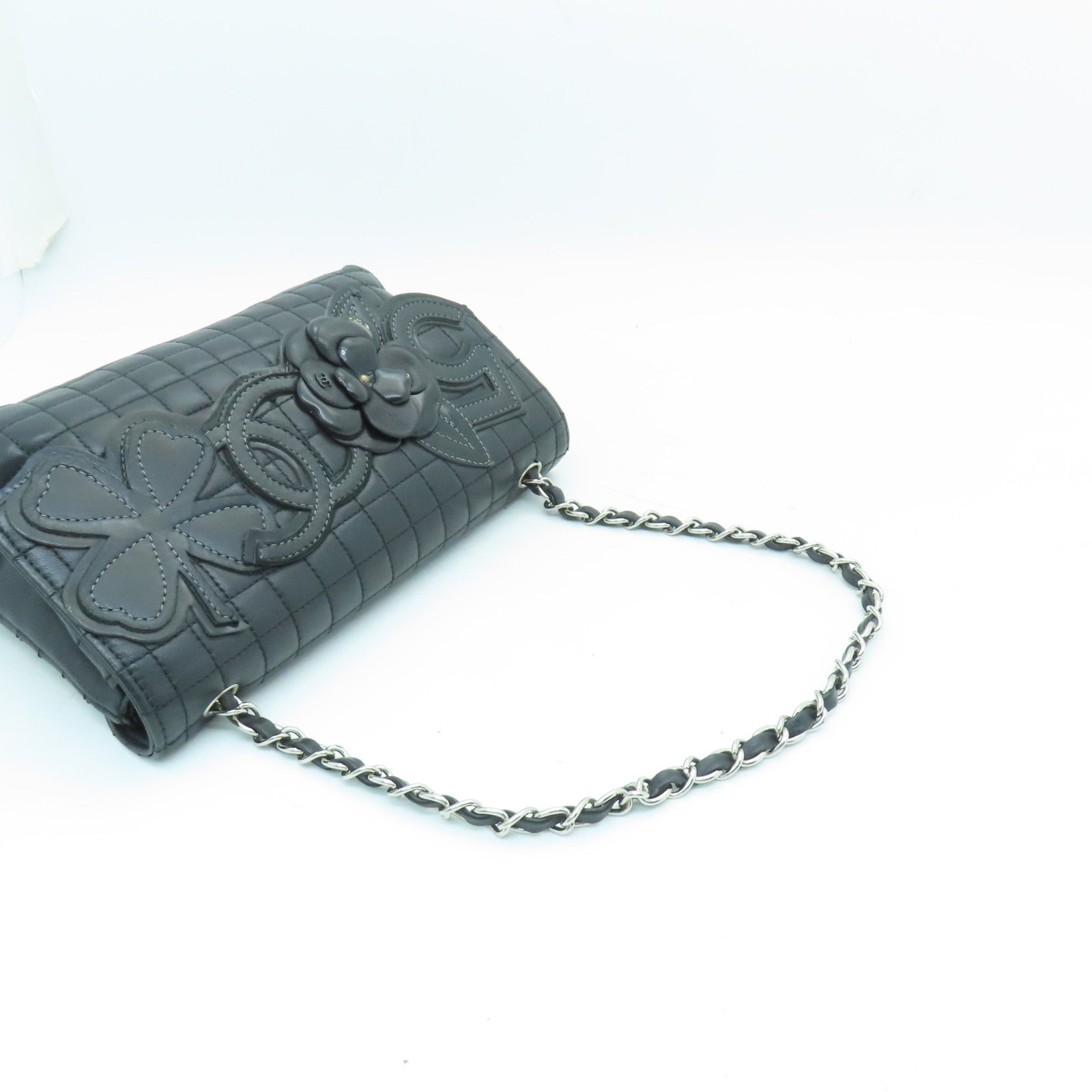 CHANEL 【清倉大減價】牛皮皮革Chain Shoulder Bag銀扣鏈帶肩背袋黑色