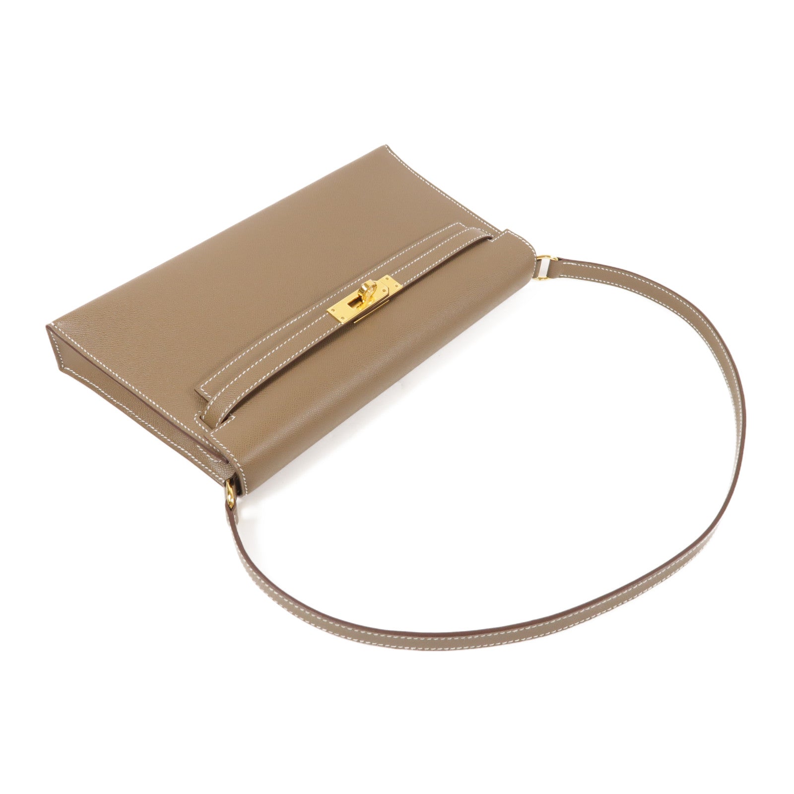 HERMES Veau Madame皮革Kelly Elan金扣肩背袋Etoupe