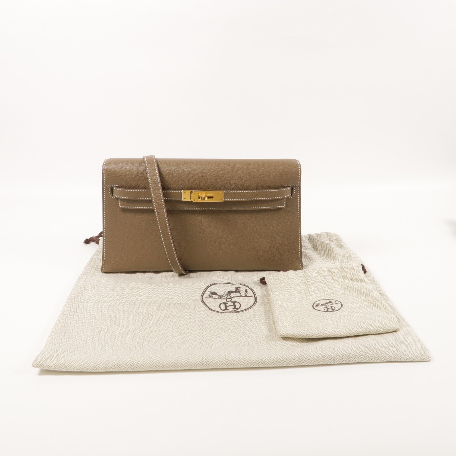 HERMES Veau Madame皮革Kelly Elan金扣肩背袋Etoupe