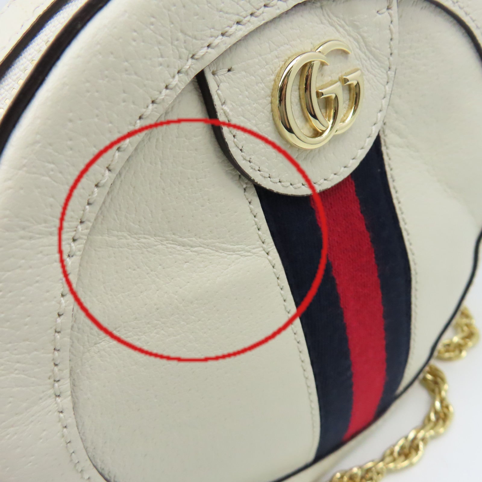 GUCCI 牛皮皮革Ophidia GG Round Shoulder Bag金扣鏈帶肩背袋米白色