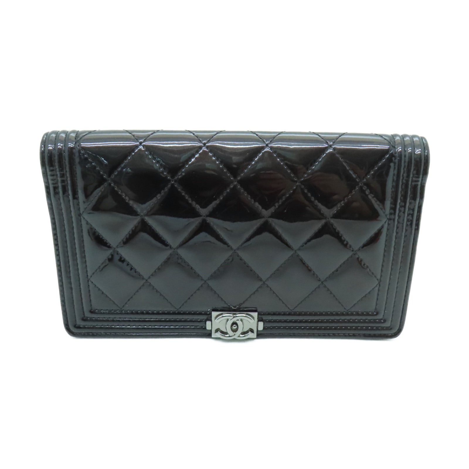 CHANEL 【激減優惠】菱格塗層皮革Boy Long Wallet銀扣長錢包黑色