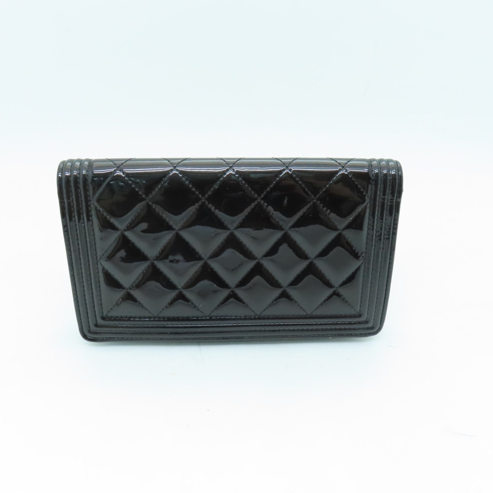 CHANEL 【激減優惠】菱格塗層皮革Boy Long Wallet銀扣長錢包黑色