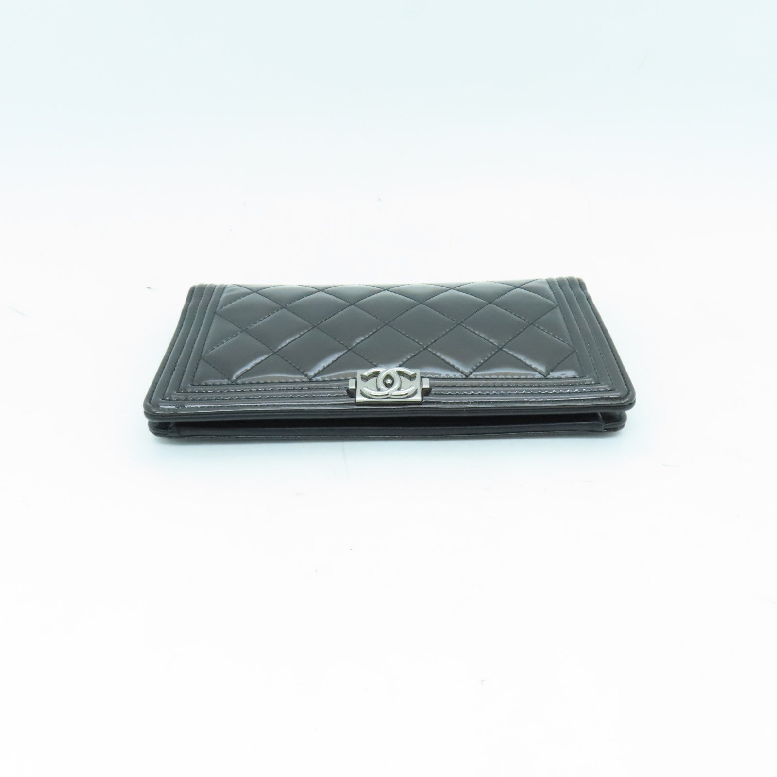 CHANEL 【激減優惠】菱格塗層皮革Boy Long Wallet銀扣長錢包黑色