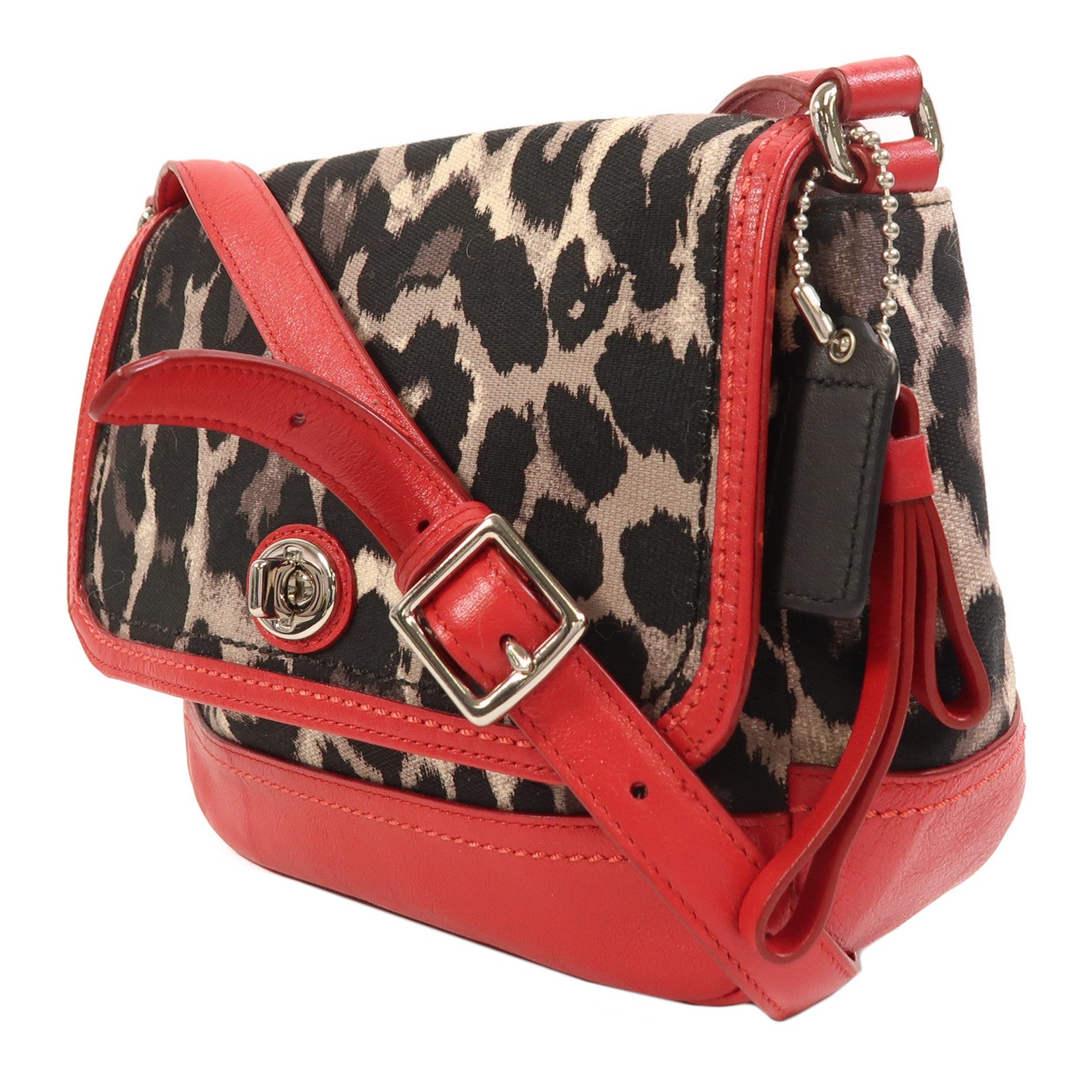 COACH 帆布/牛皮皮革Shoulder Bag銀扣肩背袋