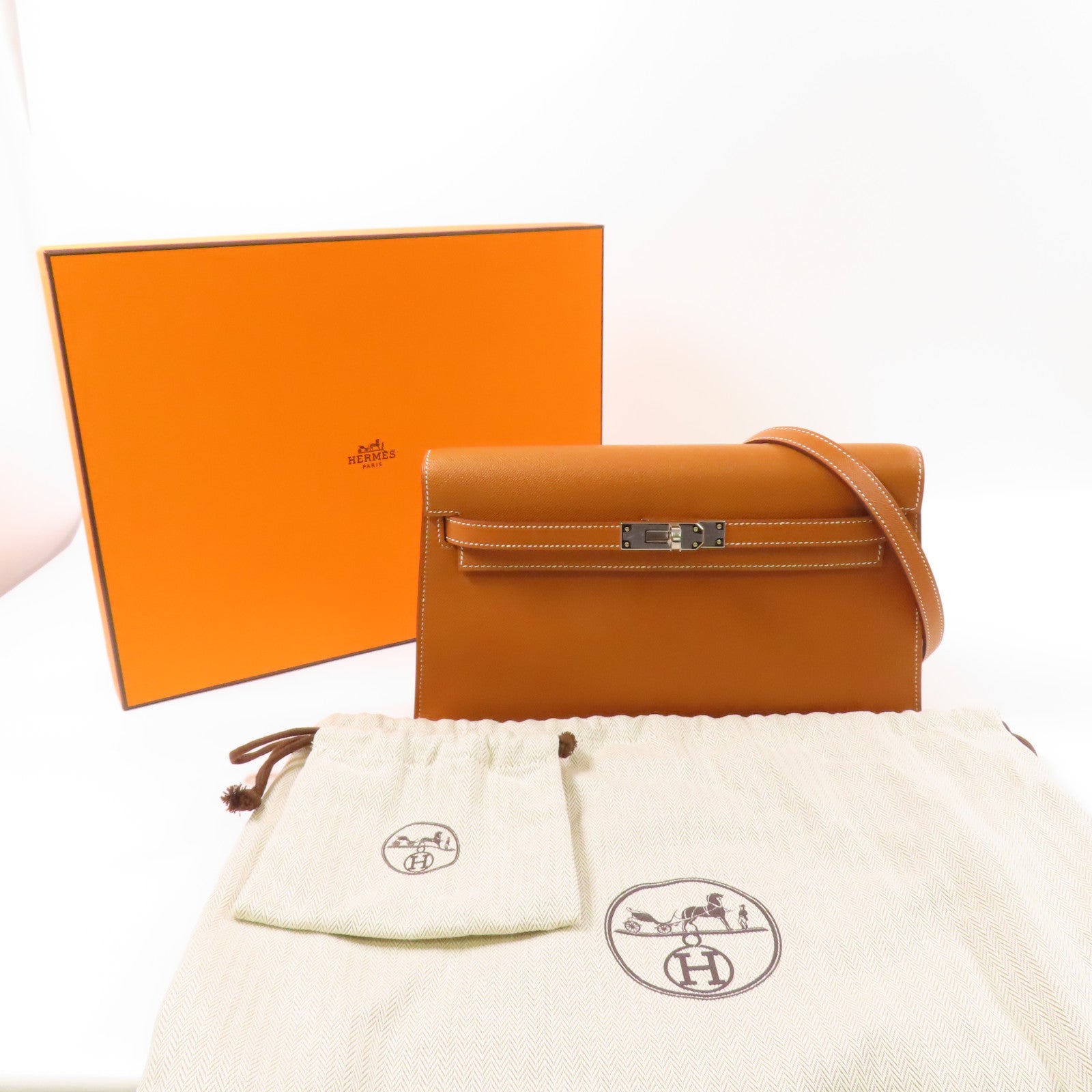 HERMES 【激減優惠】Madame皮革Kelly Elan銀扣肩背袋Gold