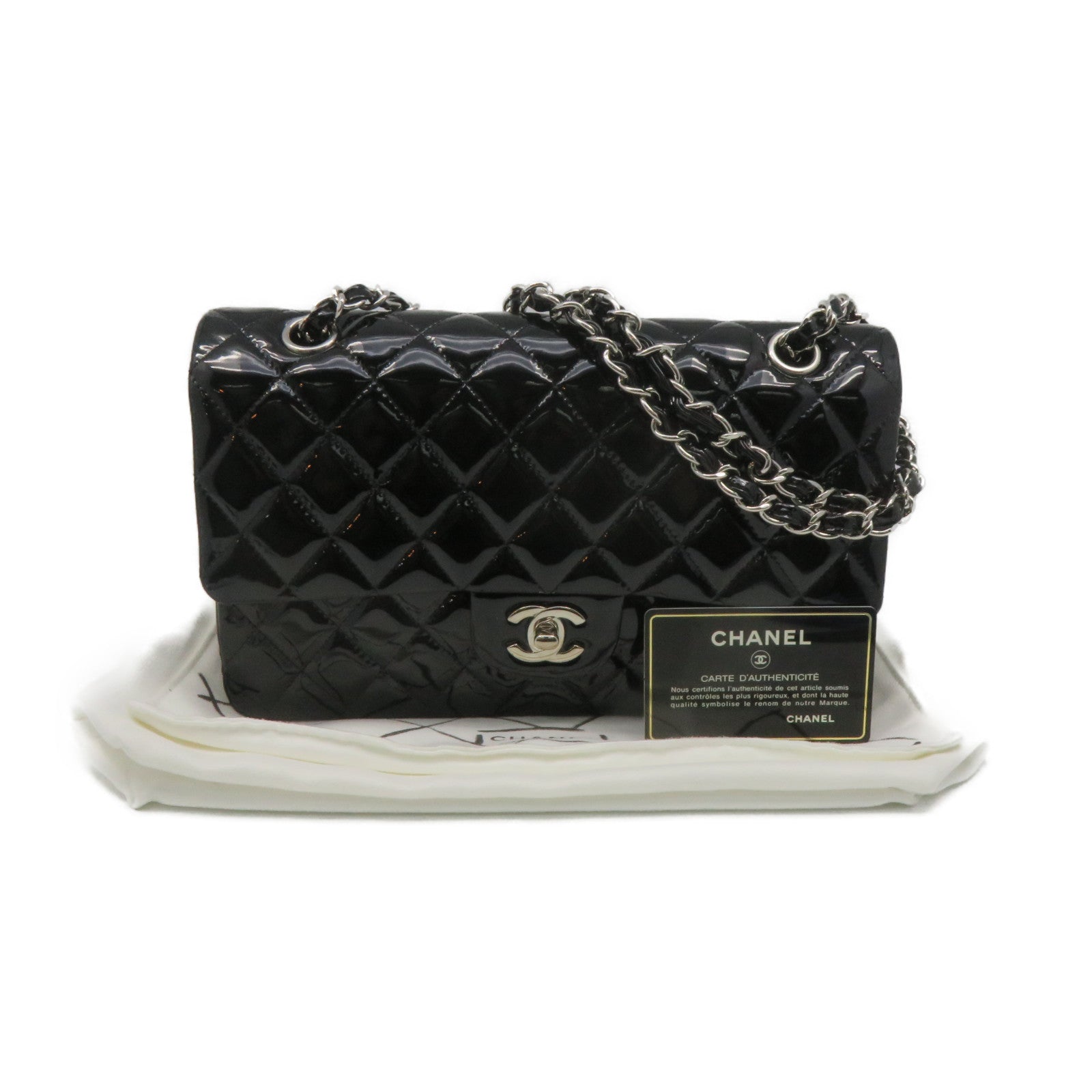 CHANEL 【清倉大減價】菱格漆皮皮革Classic 25 Shoulder Bag銀扣鏈帶肩背袋黑色