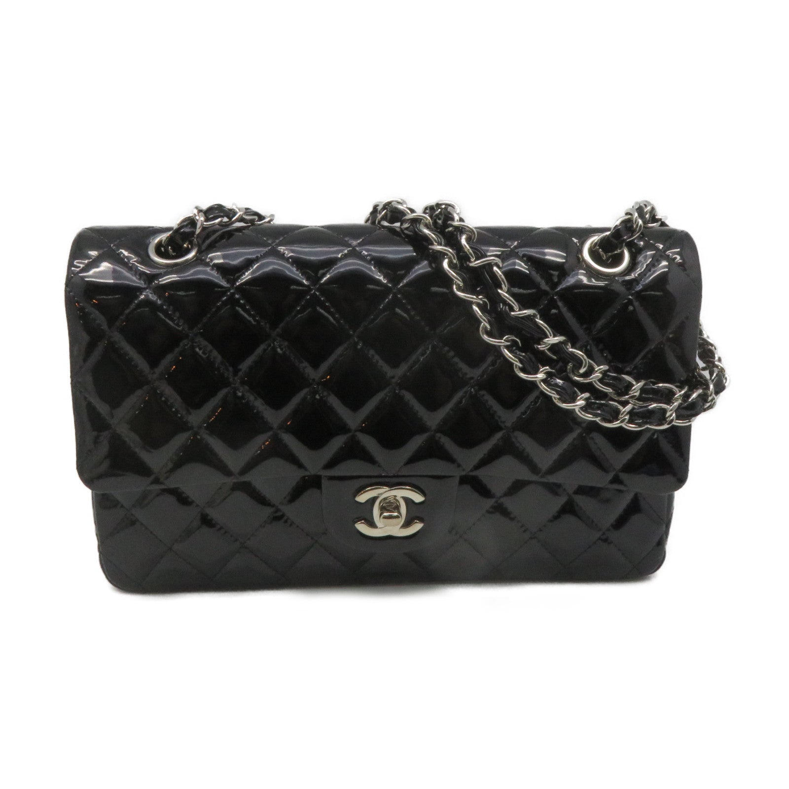 CHANEL 【清倉大減價】菱格漆皮皮革Classic 25 Shoulder Bag銀扣鏈帶肩背袋黑色