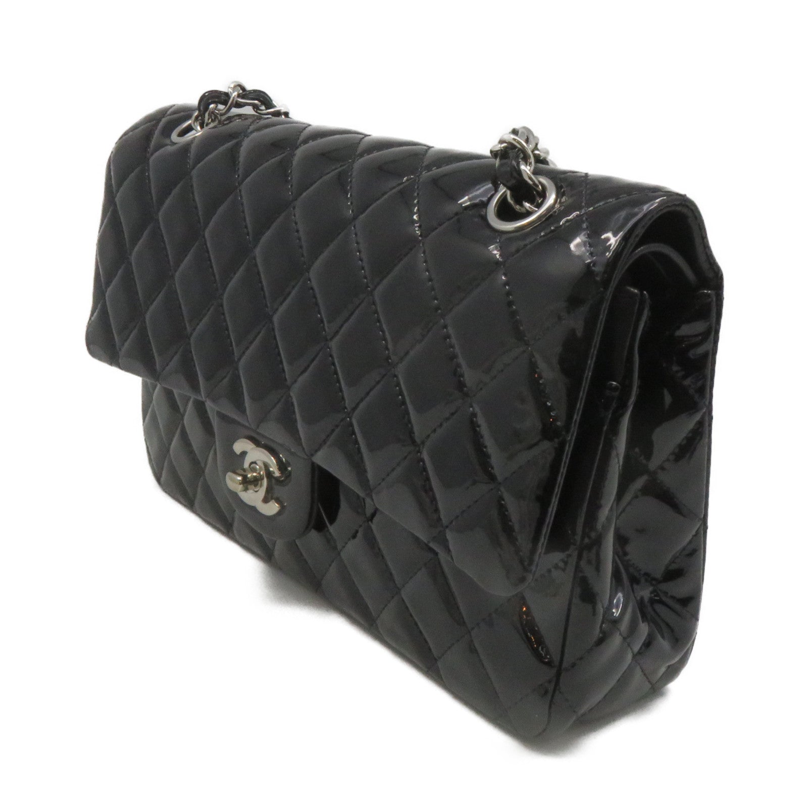CHANEL 【清倉大減價】菱格漆皮皮革Classic 25 Shoulder Bag銀扣鏈帶肩背袋黑色