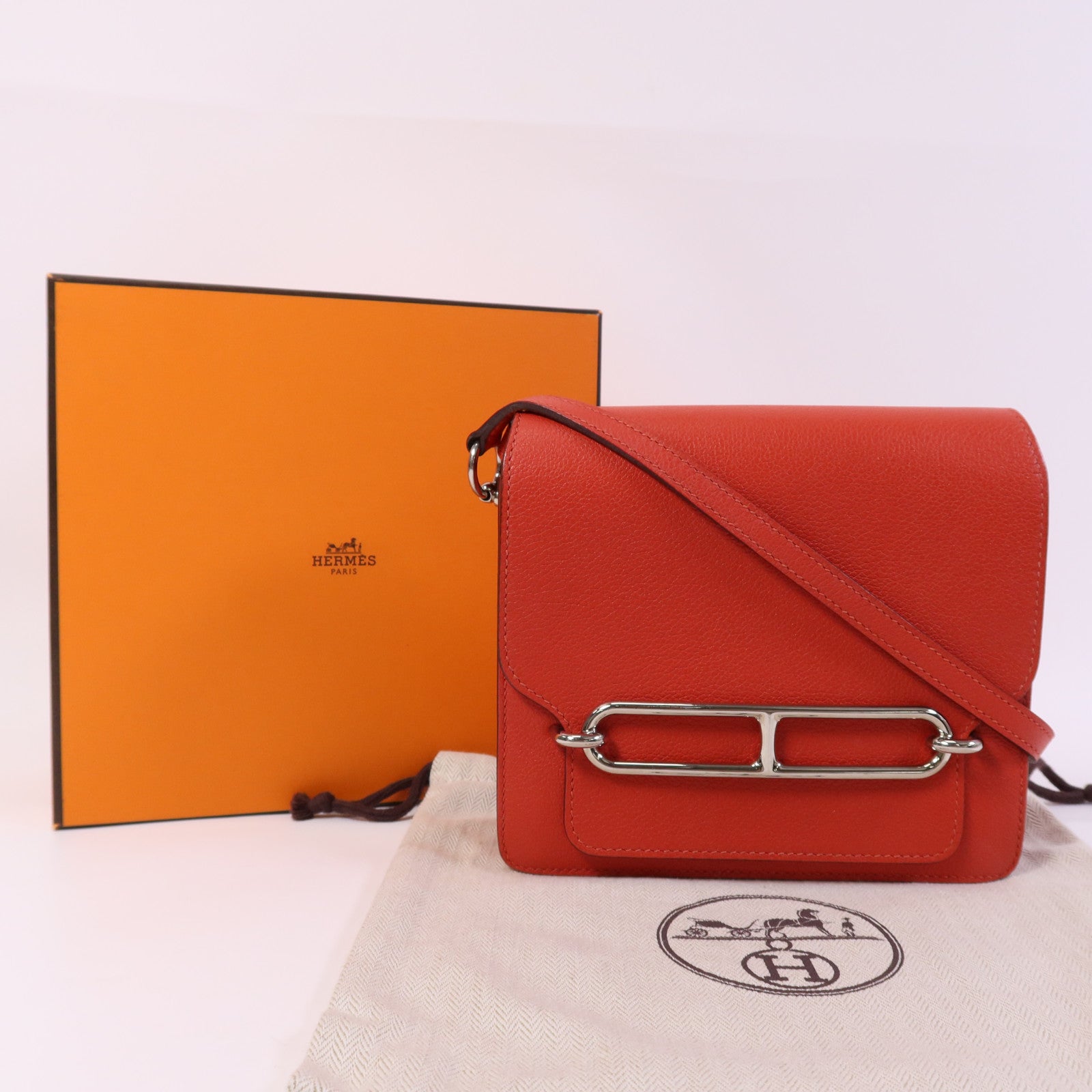 HERMES Evercolour皮革Roulis Mini銀扣肩背袋Rouge Tomate