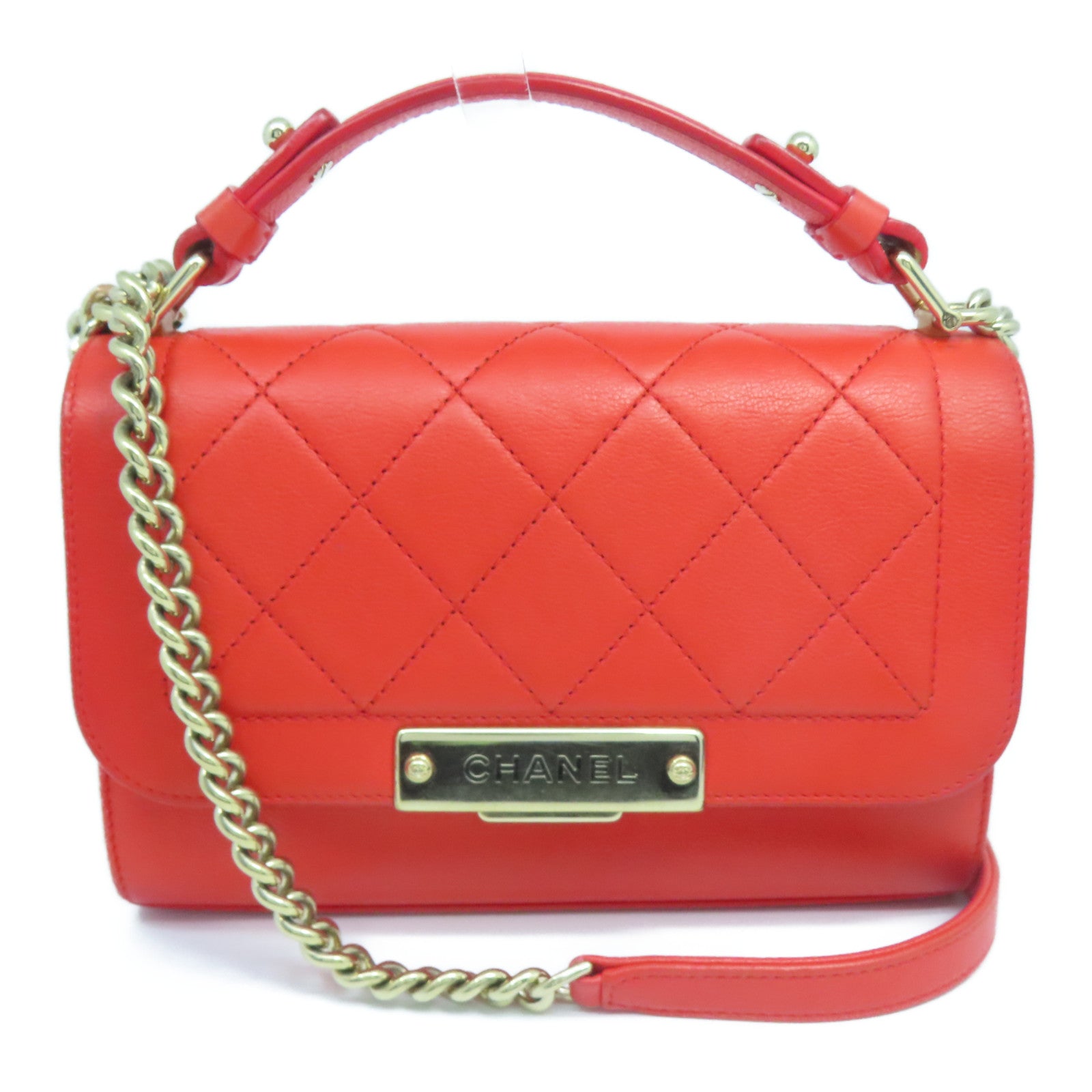 CHANEL **【清倉大減價】菱格牛皮皮革2way Shoulder Bag金扣手挽肩背兩用袋紅色