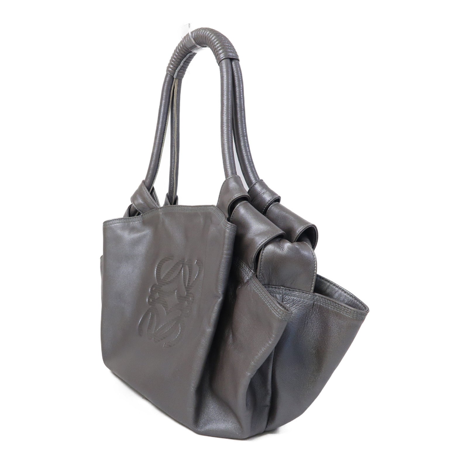 LOEWE 羊皮皮革Shoulder Bag銀扣肩背袋灰色