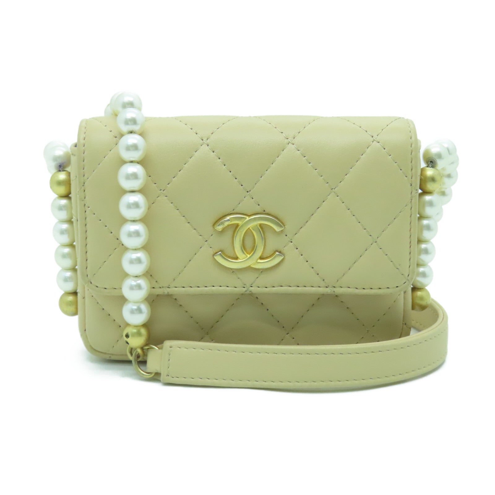 CHANEL Diamond Sheepskin Leather Chain Shoulder Gold Buckle Chain Belt Shoulder Bag Beige