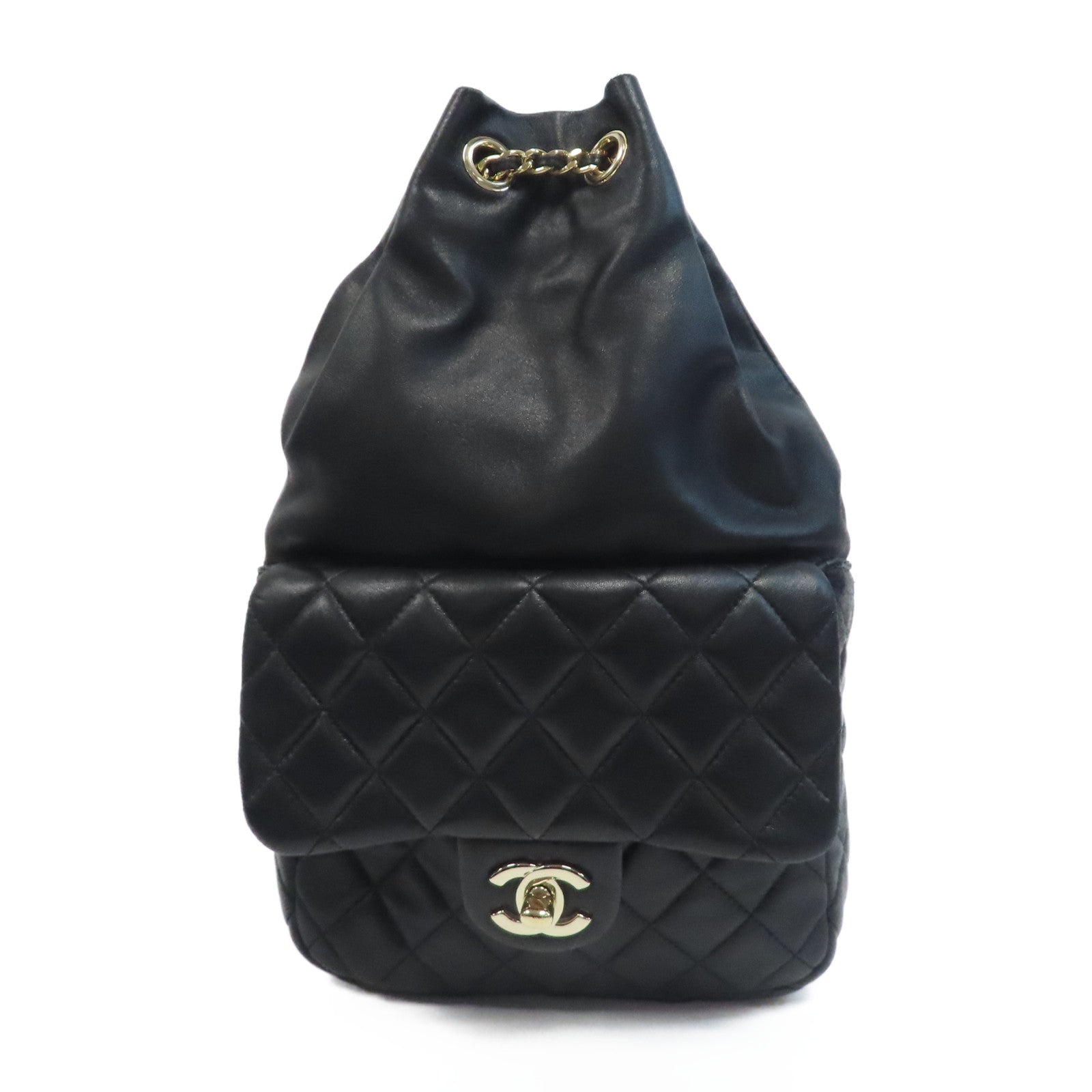 CHANEL 菱格羊皮皮革Backpack金扣鏈帶背包黑色