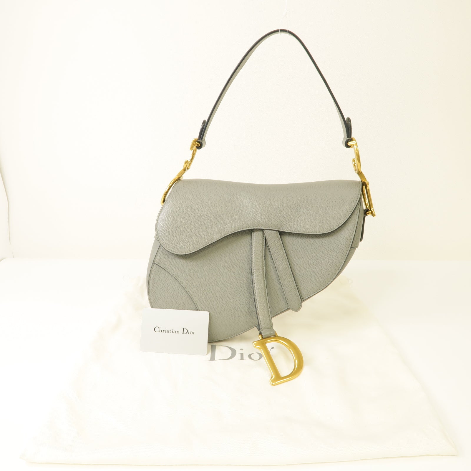 Dior 牛皮皮革Saddle金扣肩背袋灰色