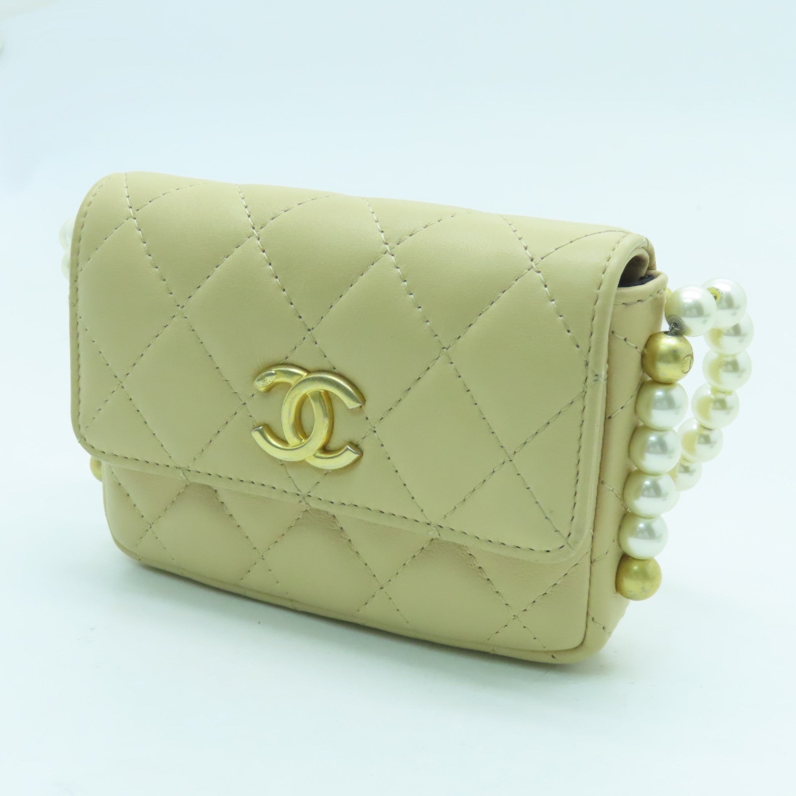 CHANEL Diamond Sheepskin Leather Chain Shoulder Gold Buckle Chain Belt Shoulder Bag Beige