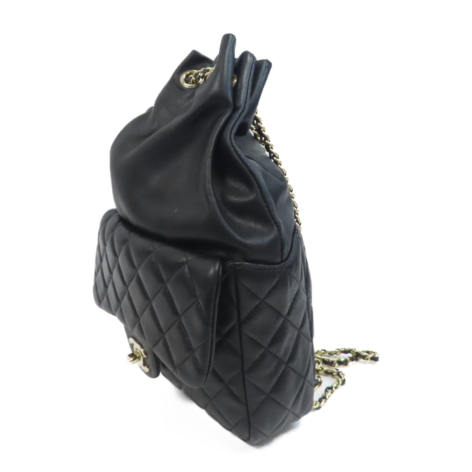 CHANEL 菱格羊皮皮革Backpack金扣鏈帶背包黑色
