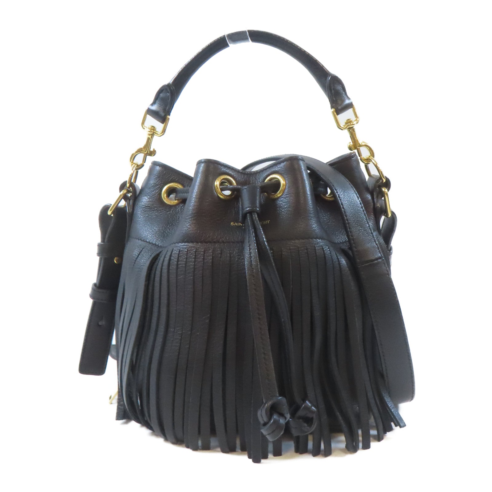 SAINT LAURENT 牛皮皮革Emmanuelle Fringe Bucket Bag金扣手挽肩背兩用袋黑色